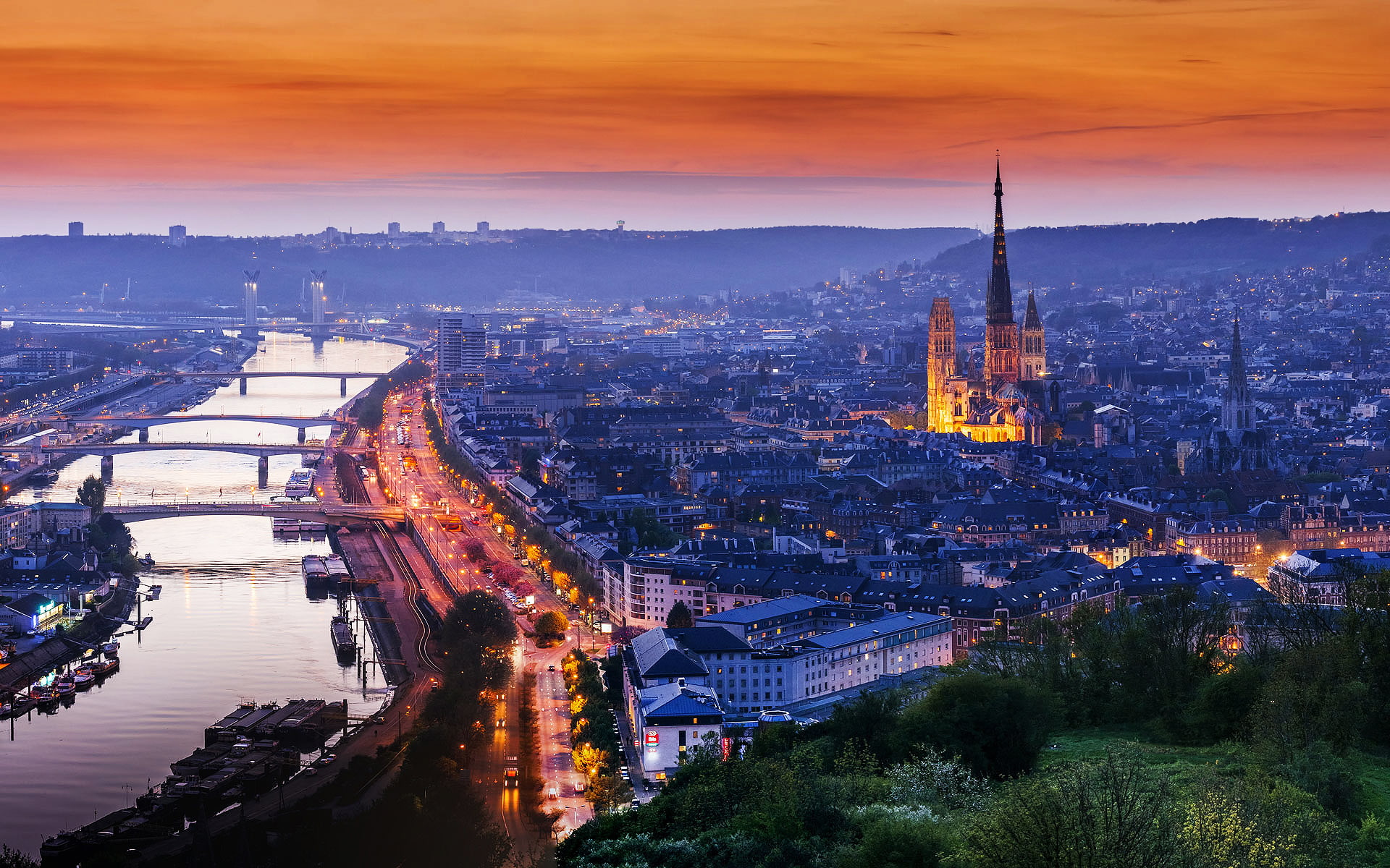 1080P, Normandy, the evening, France, Rouen, the city, lights, HD Wallpaper