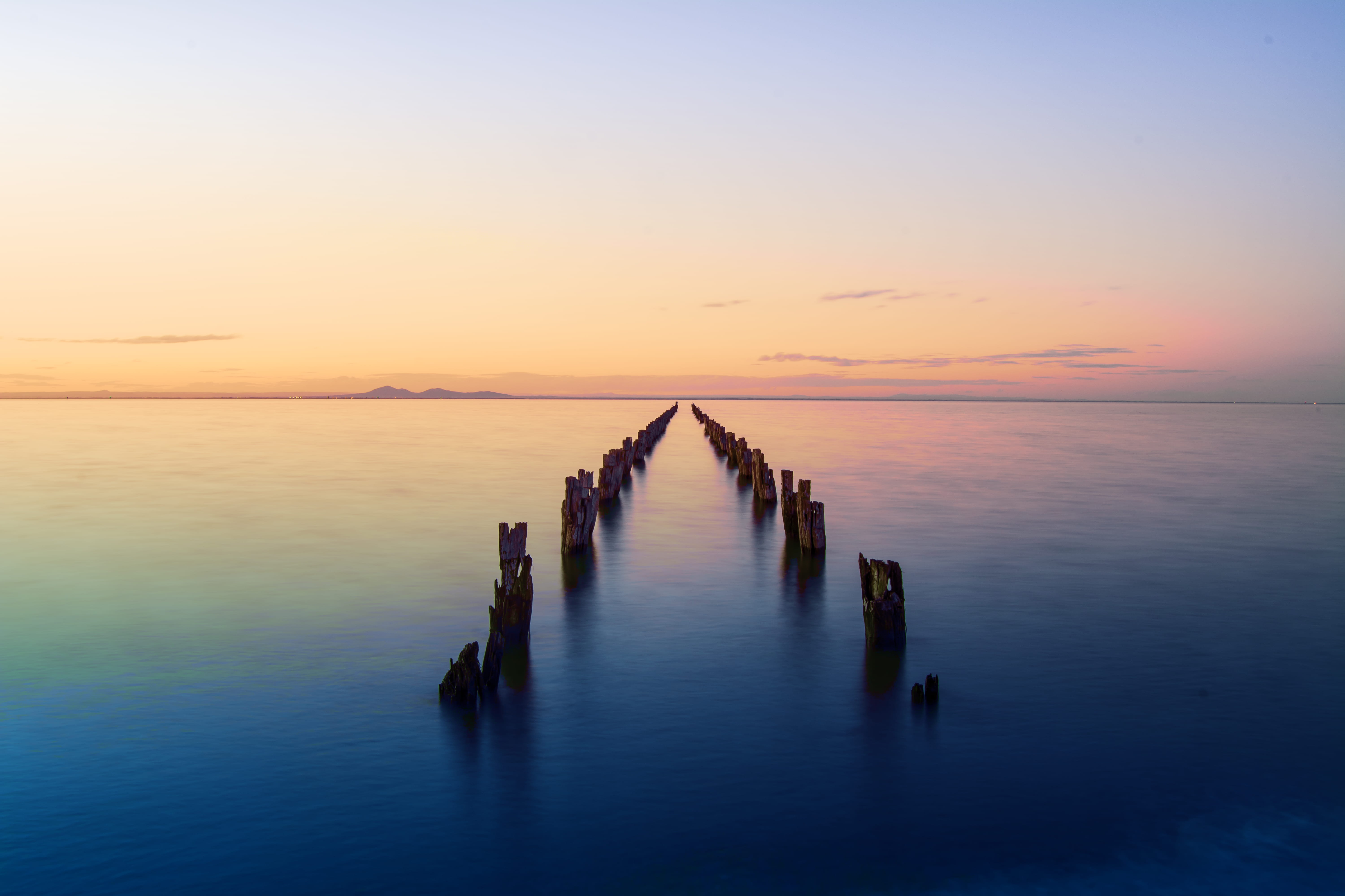 long exposure, wooden post, broken, no people, idyllic, post, beach, sunset, pier, sky, peace, sea, bellarine peninsula, nature, 5K, horizon, australia, HD Wallpaper
