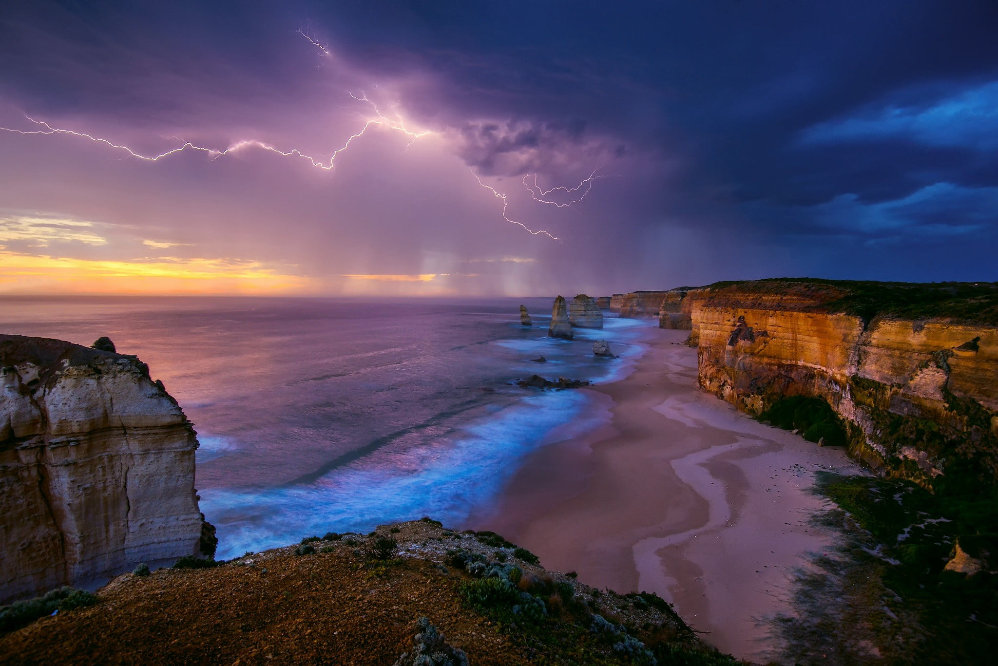 water, no people, cloud - sky, dusk, power in nature, storm cloud, outdoors, cliff, storm, lightning, shore, beach, 1080P, environment, beauty in nature, HD Wallpaper