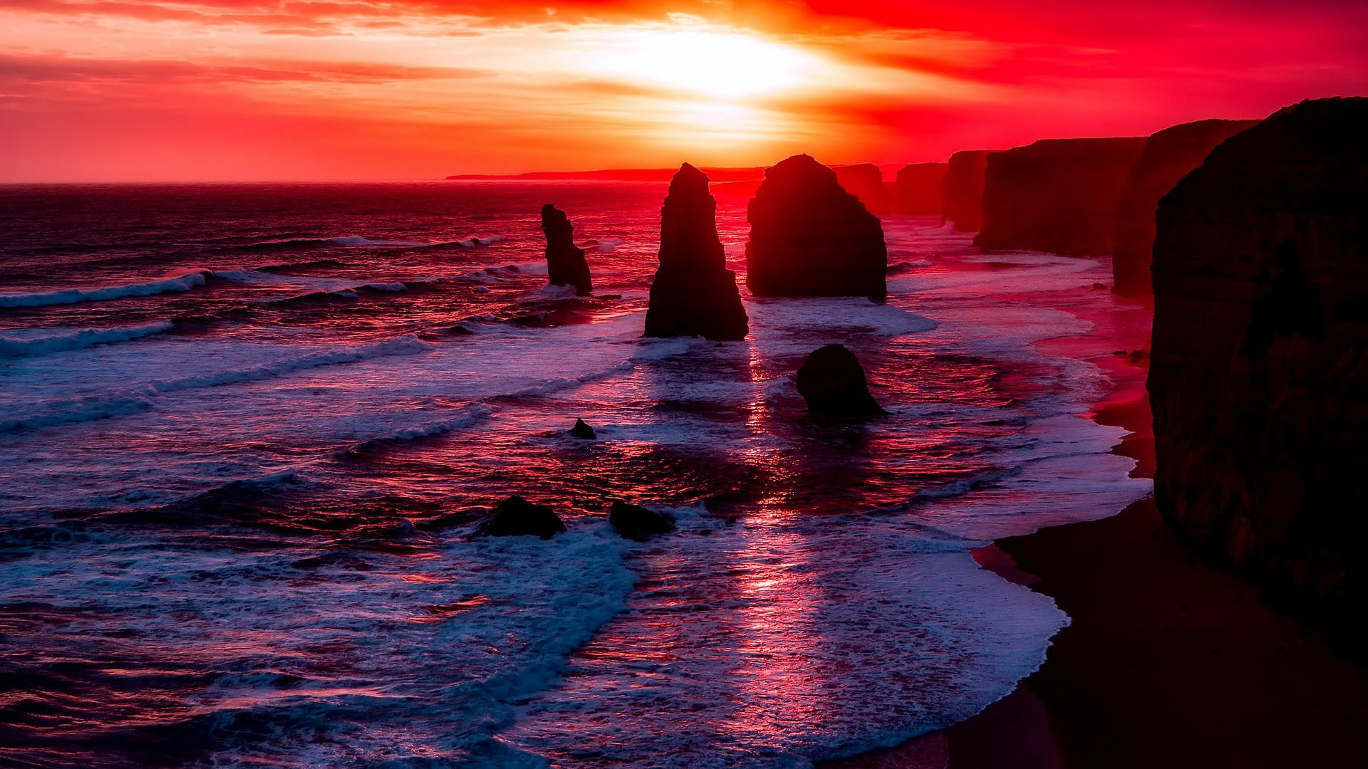1080P, sky, sunset, horizon, orange sky, sun, body of water, shore, afterglow, water, national park, red sky, wave, twelve apostles marine national park, HD Wallpaper