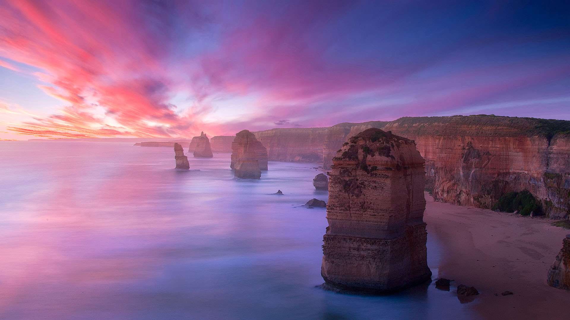 sea, hd, twelve apostles, twelve, purple, 1080P, apostles, sunset, blue, red, cliffs, HD Wallpaper