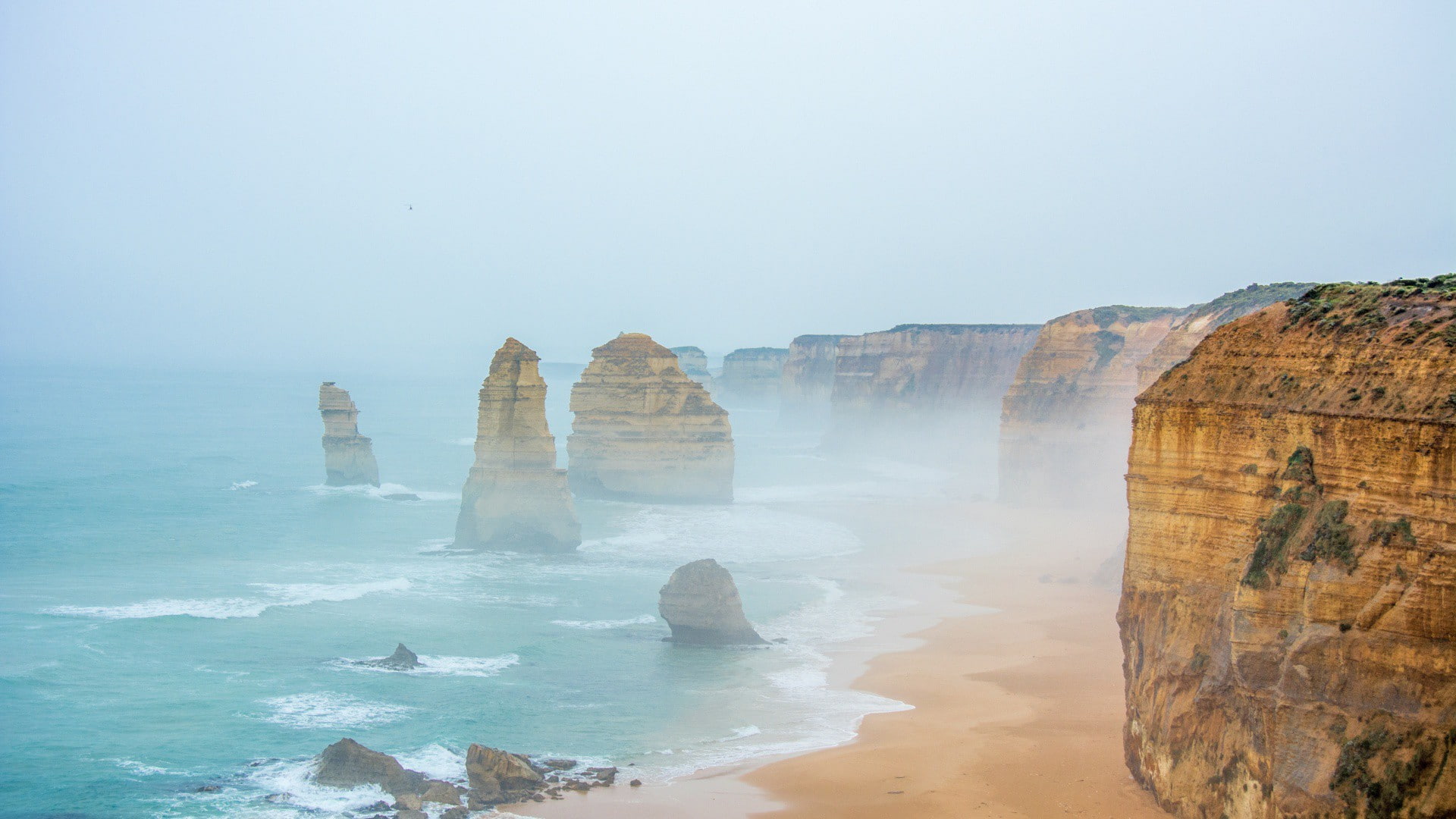 rocks, mist, apostles, 12 apostles, cliffs, Australia, water, 1080P, sand, sea, HD Wallpaper