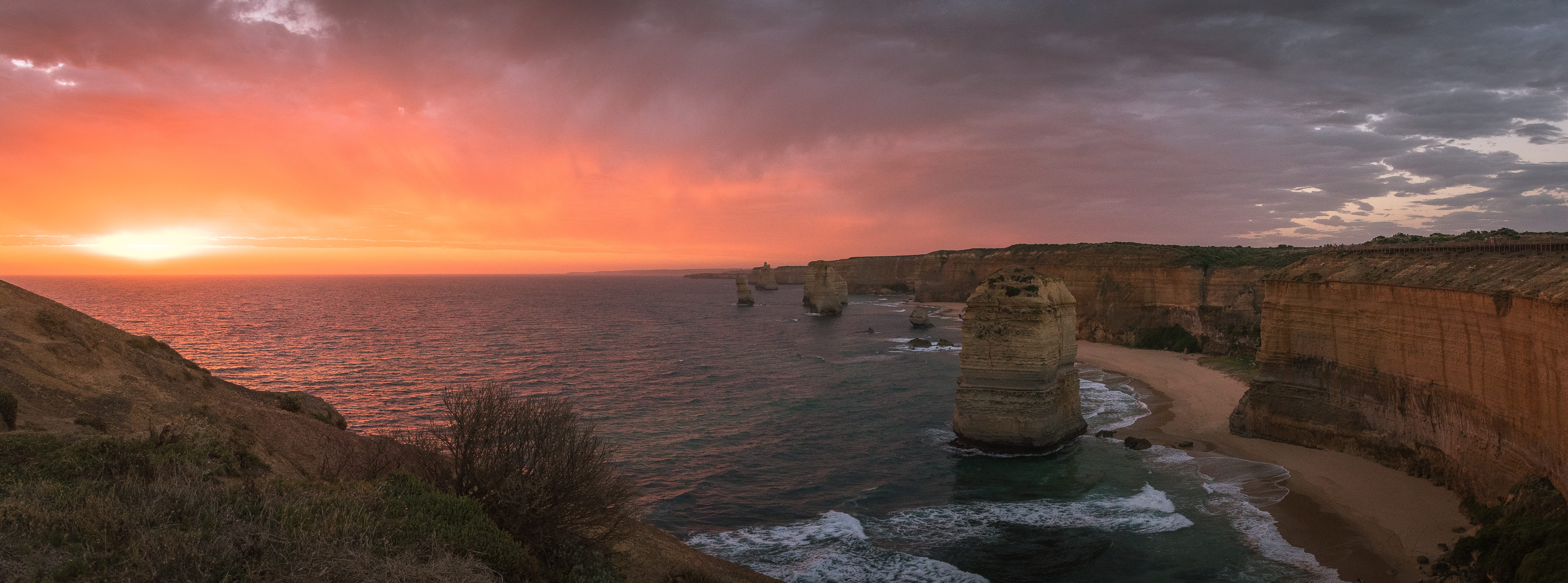 pink sky, wave, land, sky, water, landscape, cliffs, horizon over water, ocean, 8K, beauty in nature, environment, no people, travel destinations, built structure, HD Wallpaper