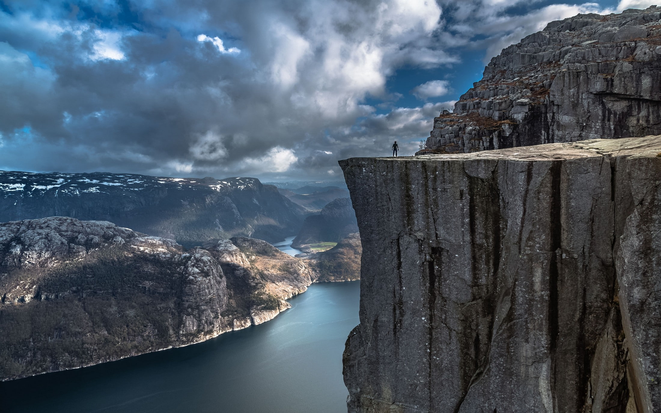 calm, water, nature, valley, Norway, landscape, cliff, sea, Preikestolen, fjord, Europe, alone, clouds, rock, mountains, text, 1080P, HD Wallpaper