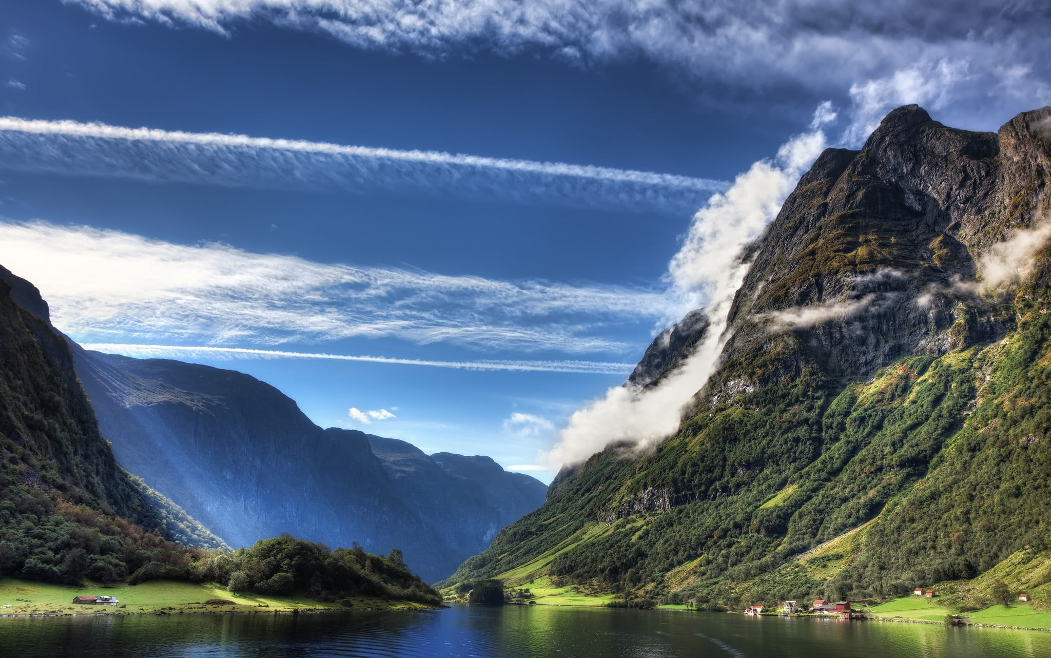 Norway, mountain range, waterfront, no people, mountains, leafed, remote, cliff, idyllic, cloud - sky, tranquility, lake, nautical vessel, villages, outdoors, HD Wallpaper