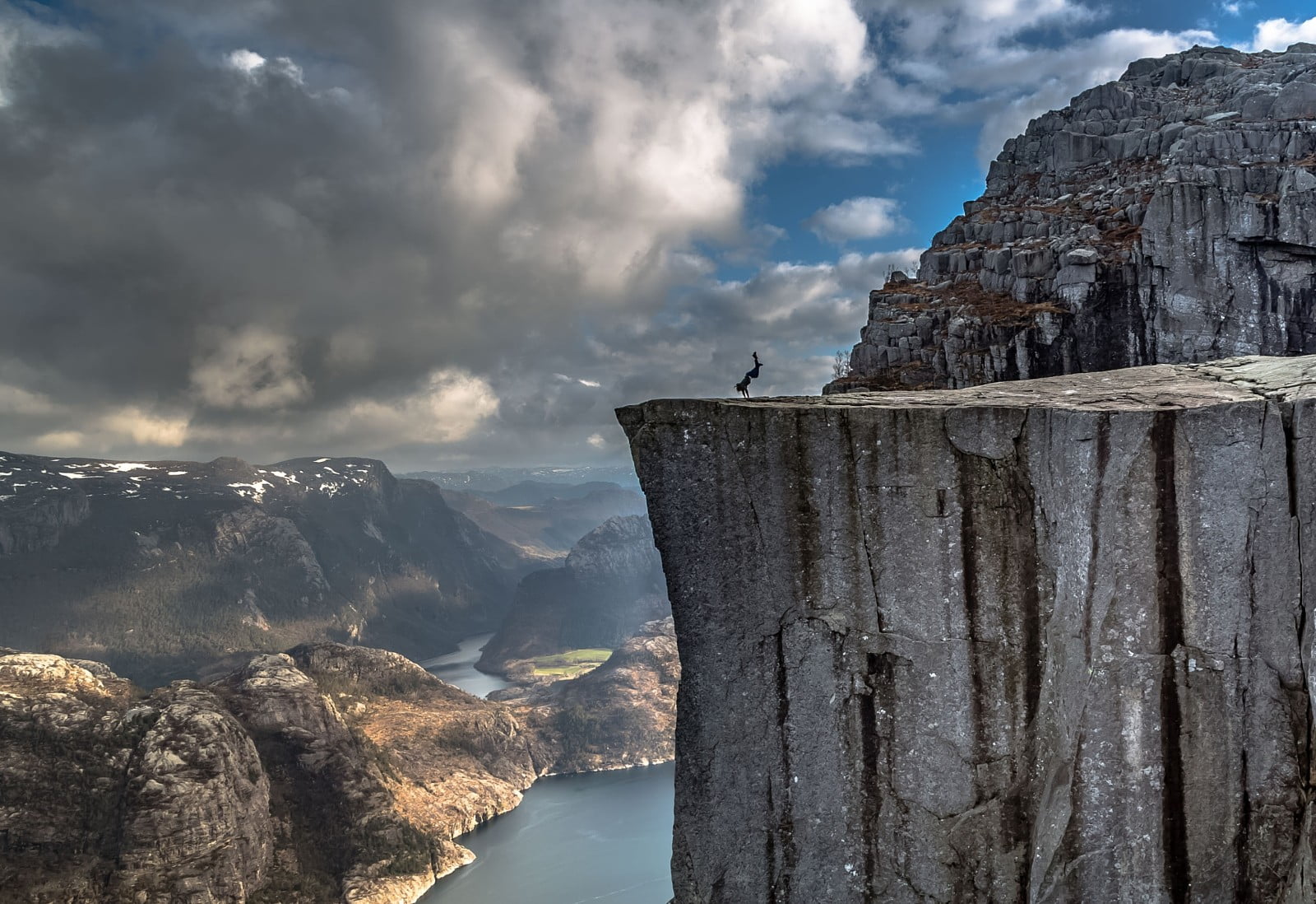 landscape, clouds, cliff, nature, idyllic, rock - object, fjord, brown, 720P, solid, tranquility, non-urban scene, mountains, water, mountain, rock, formation, HD Wallpaper