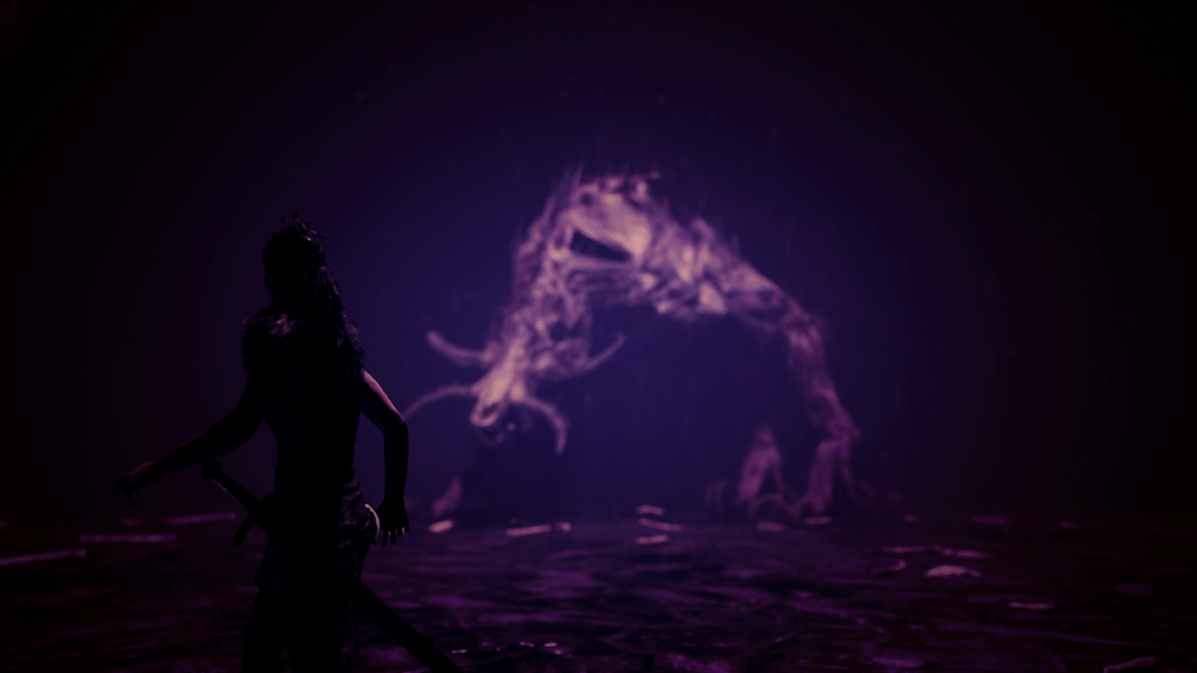 Enemy, fantasy, s, illuminated, standing, side view, women, Nvidia Ansel, Fenrir, black, nature, Hellblade: Senuas Sacrifice, pink, young adult, arts culture and entertainment, HD Wallpaper