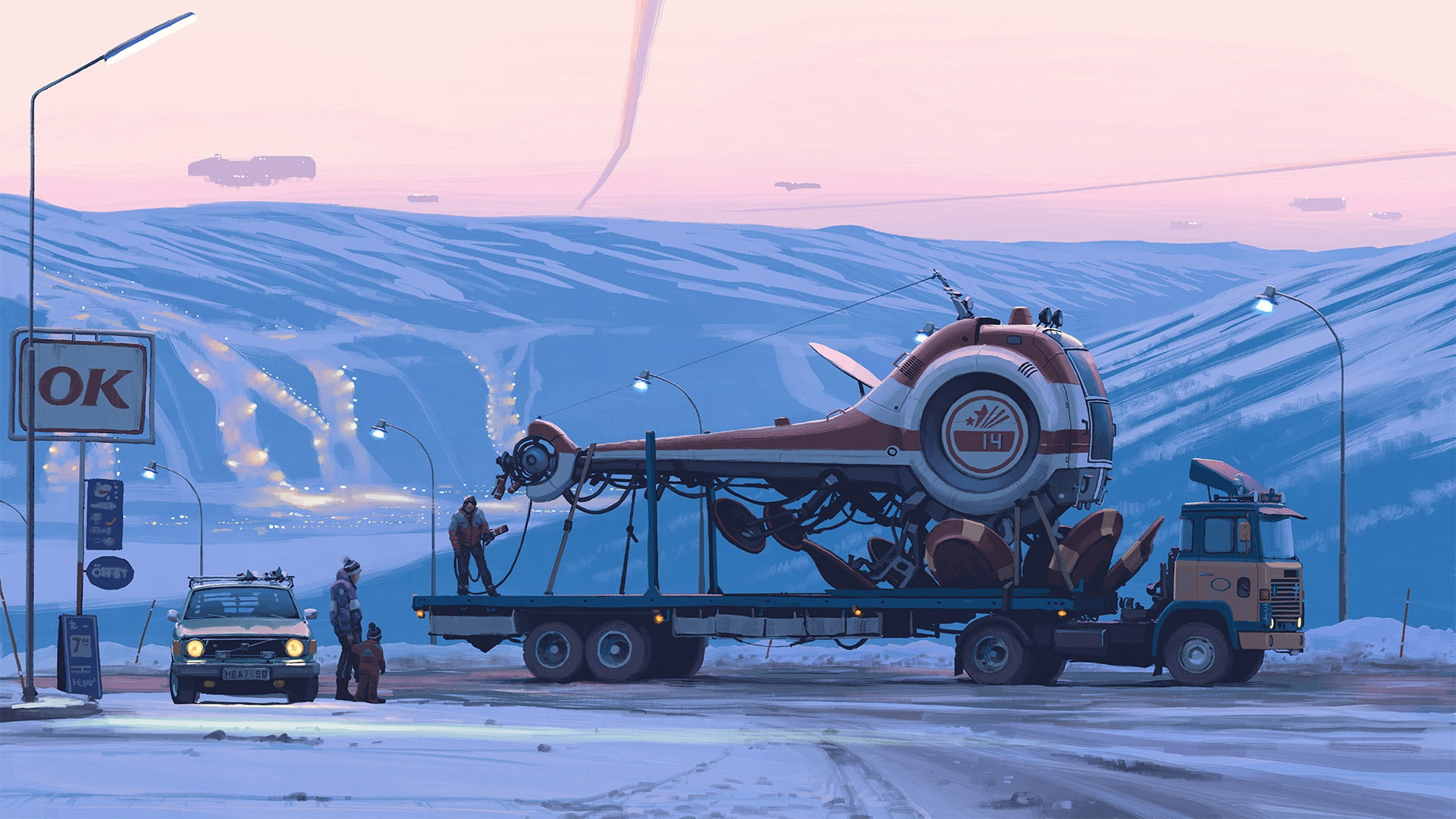 cyberpunk, artist, illustration, science fiction, digital art, people, fantasy, sci-fi, winter, Simon Stålenhag, futuristic, twilight, truck, sunset, 1080P, HD Wallpaper