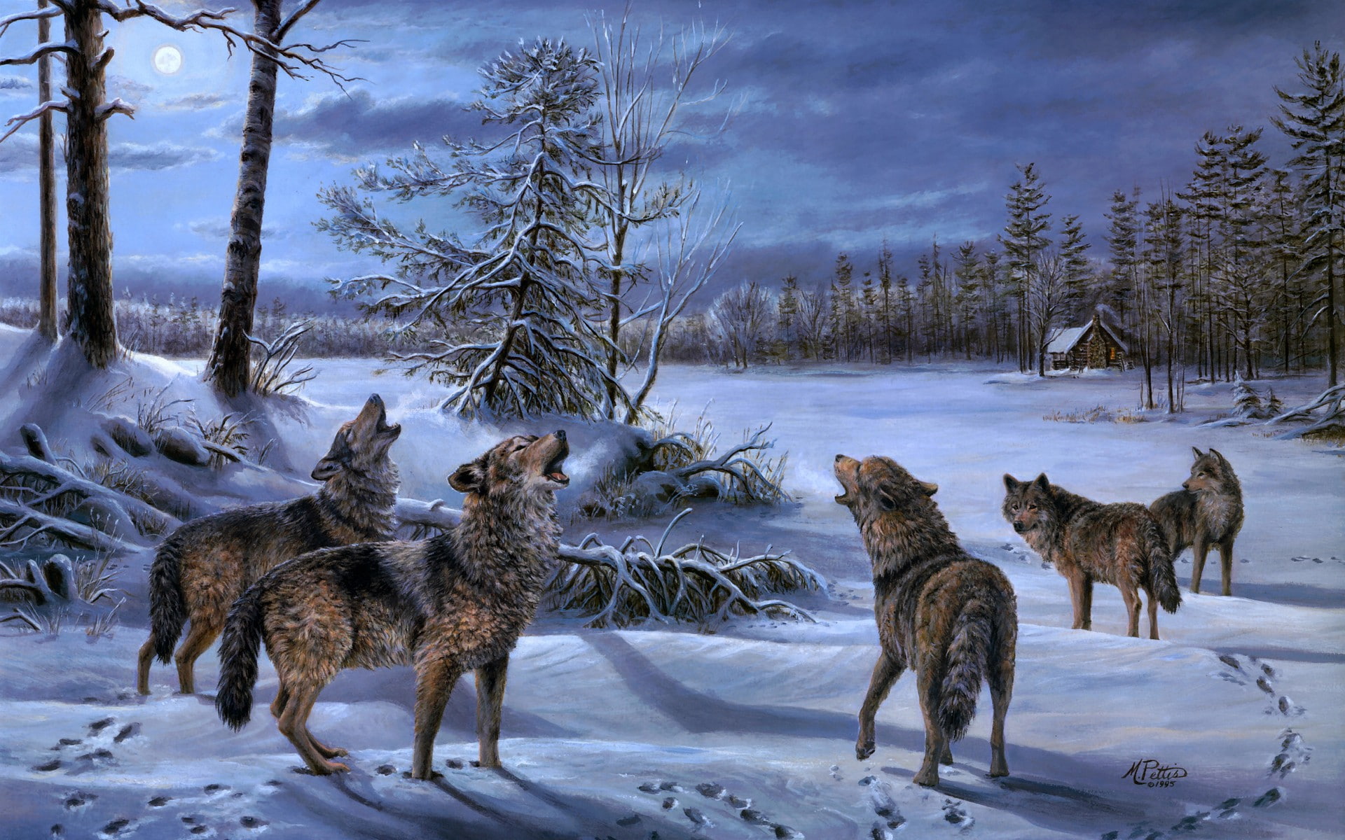 night, artwork, winter, fantasy art, trees, animals, 1080P, wolf, HD Wallpaper
