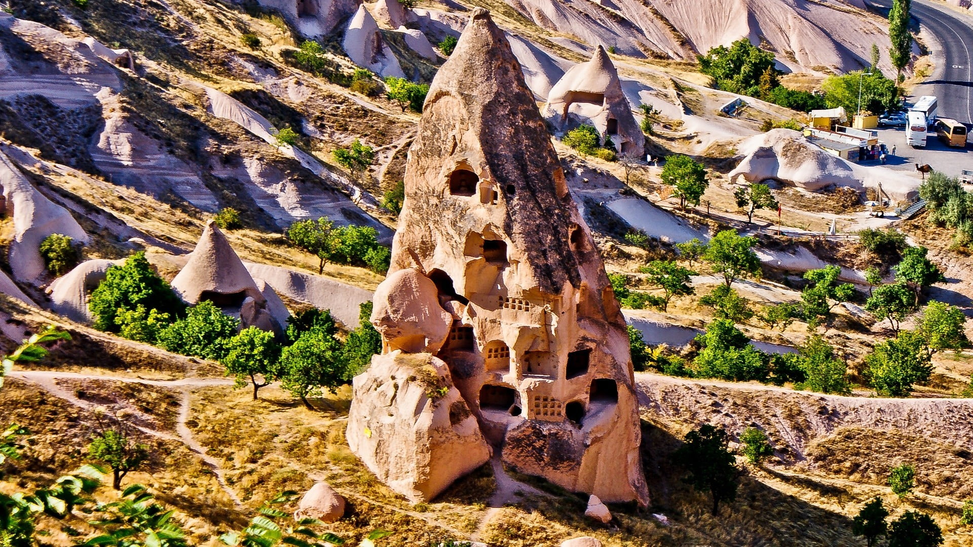 travel, rock formation, green, built structure, building, sunlight, rock - object, plant, tranquility, trees, the past, building exterior, no people, rock, HD Wallpaper