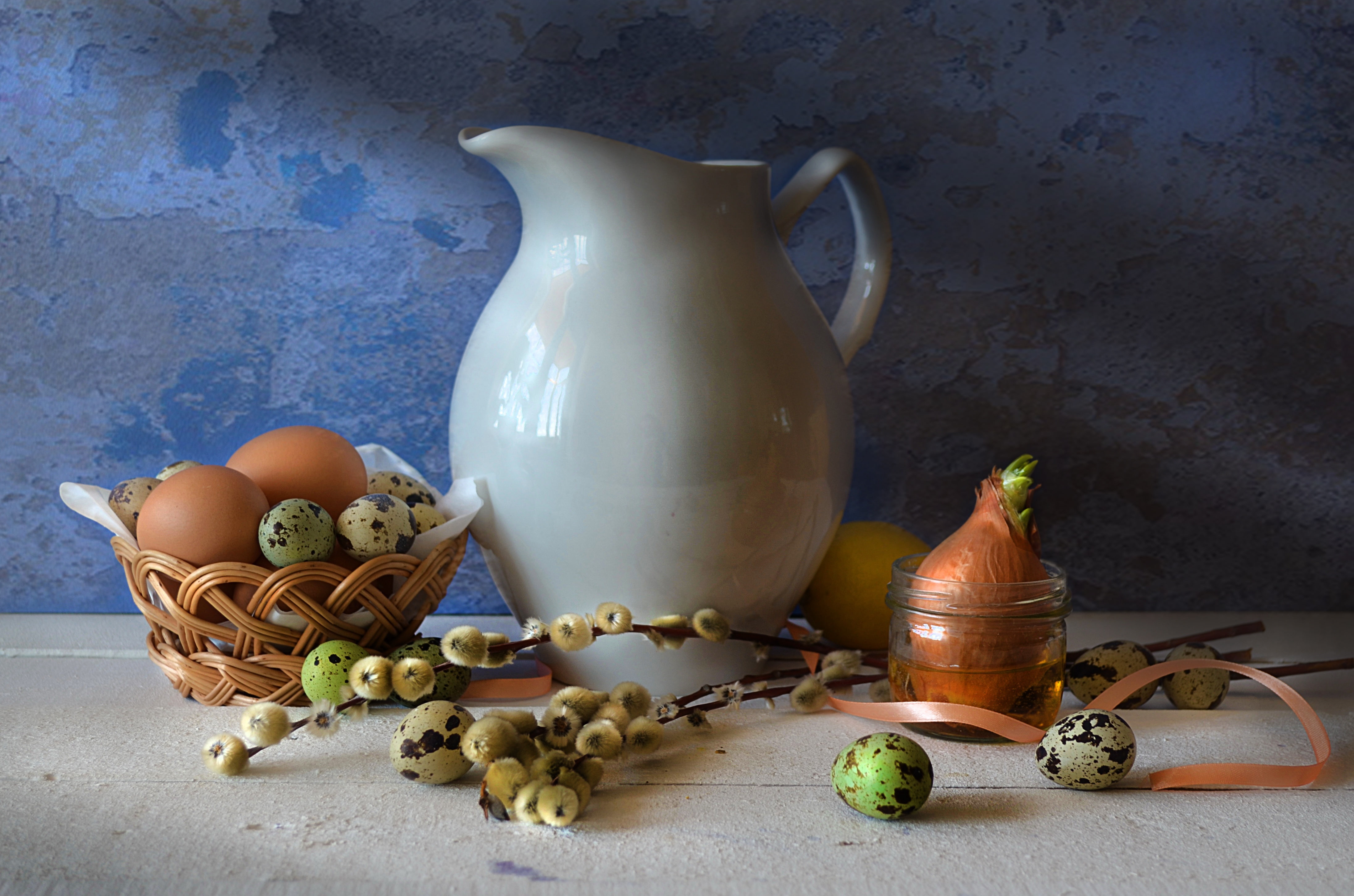 jar, lemon, bow, pitcher, basket, 4K, table, eggs, Verba, palm Sunday, dishes, Still life, the milkman, HD Wallpaper