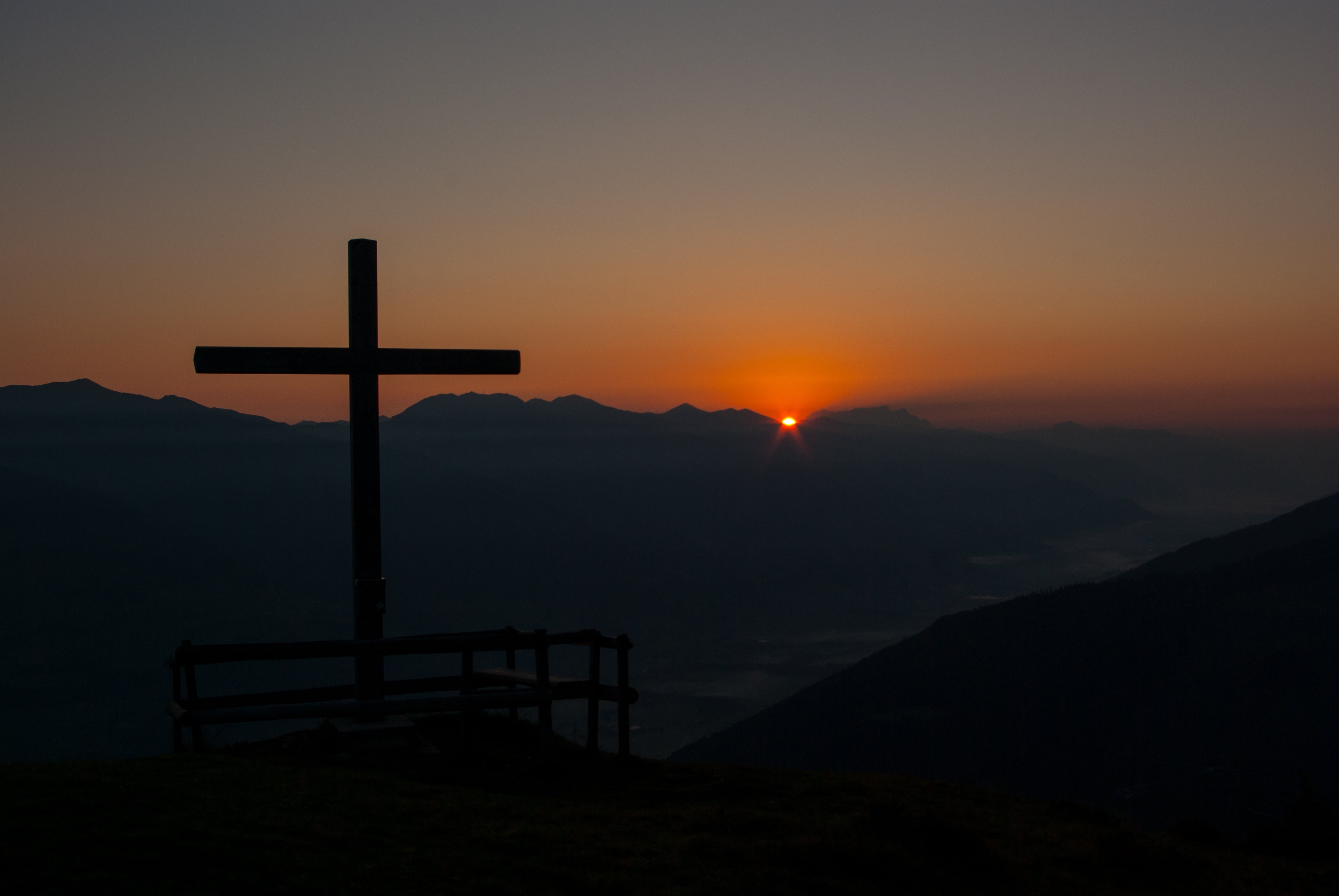 faith, nature, tranquility, mountain, mountain range, landscape, sunset, cross, spirituality, mountains, symbol, beauty in nature, scenics - nature, silhouette, HD Wallpaper