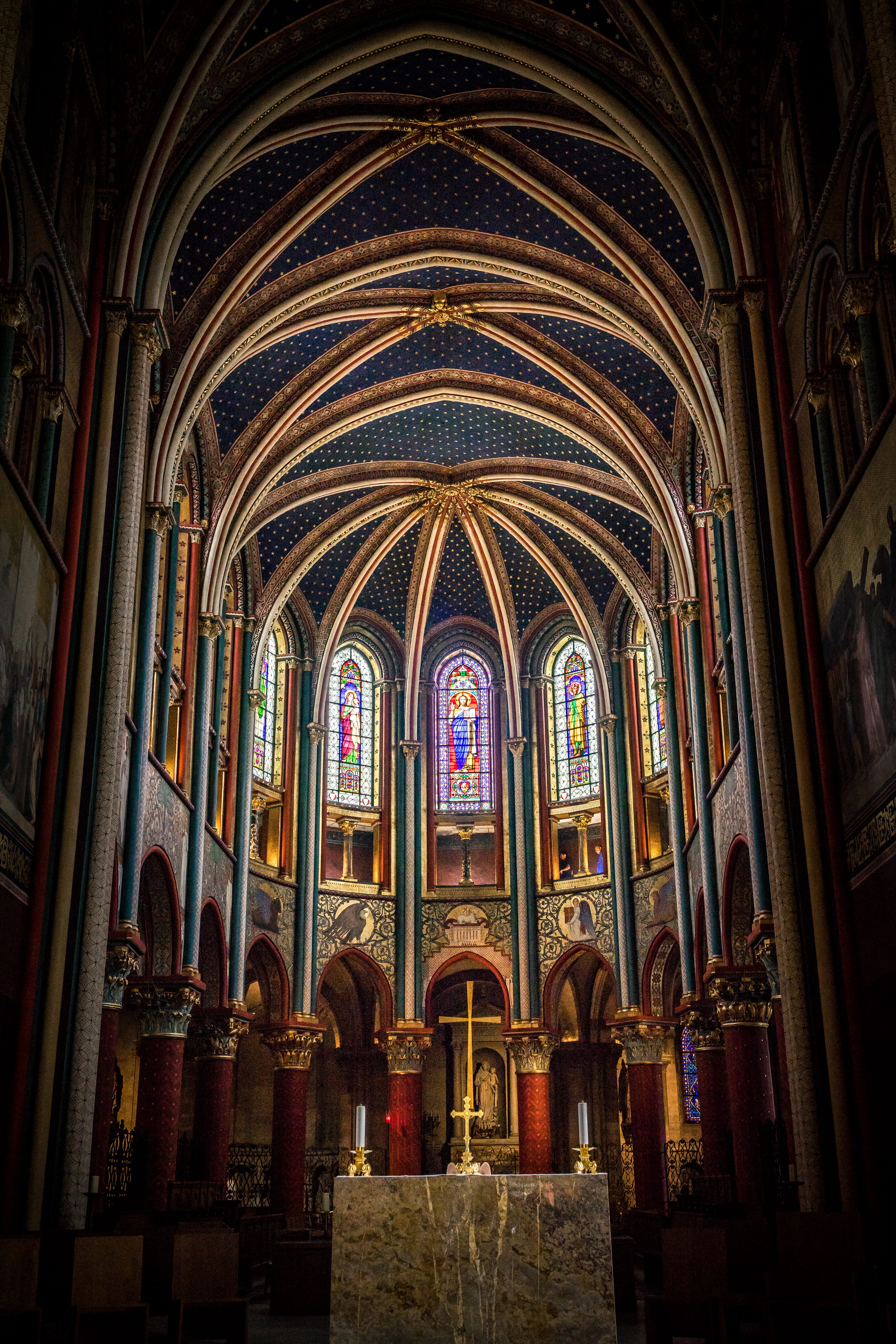 abbey, art and craft, crucifix, place of worship, france, gohtic, mural, housing, sony a7m2, religious equipment, arch, architectural column, saint-germain-des-prés, Phone HD Wallpaper