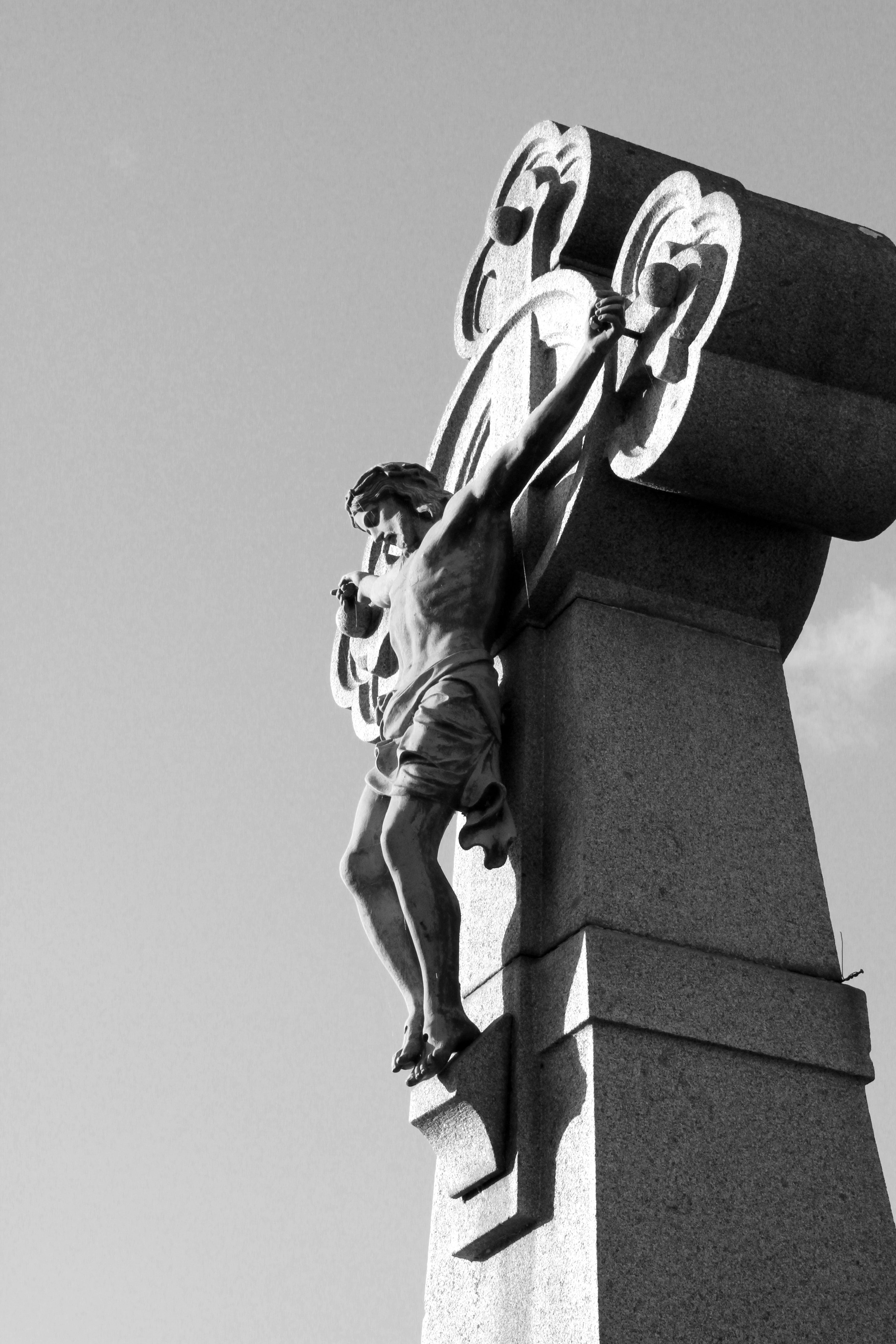 nature, human representation, calvary, sunlight, clear sky, male likeness, representation, craft, low angle view, sky, built structure, no people, 5K, Phone HD Wallpaper