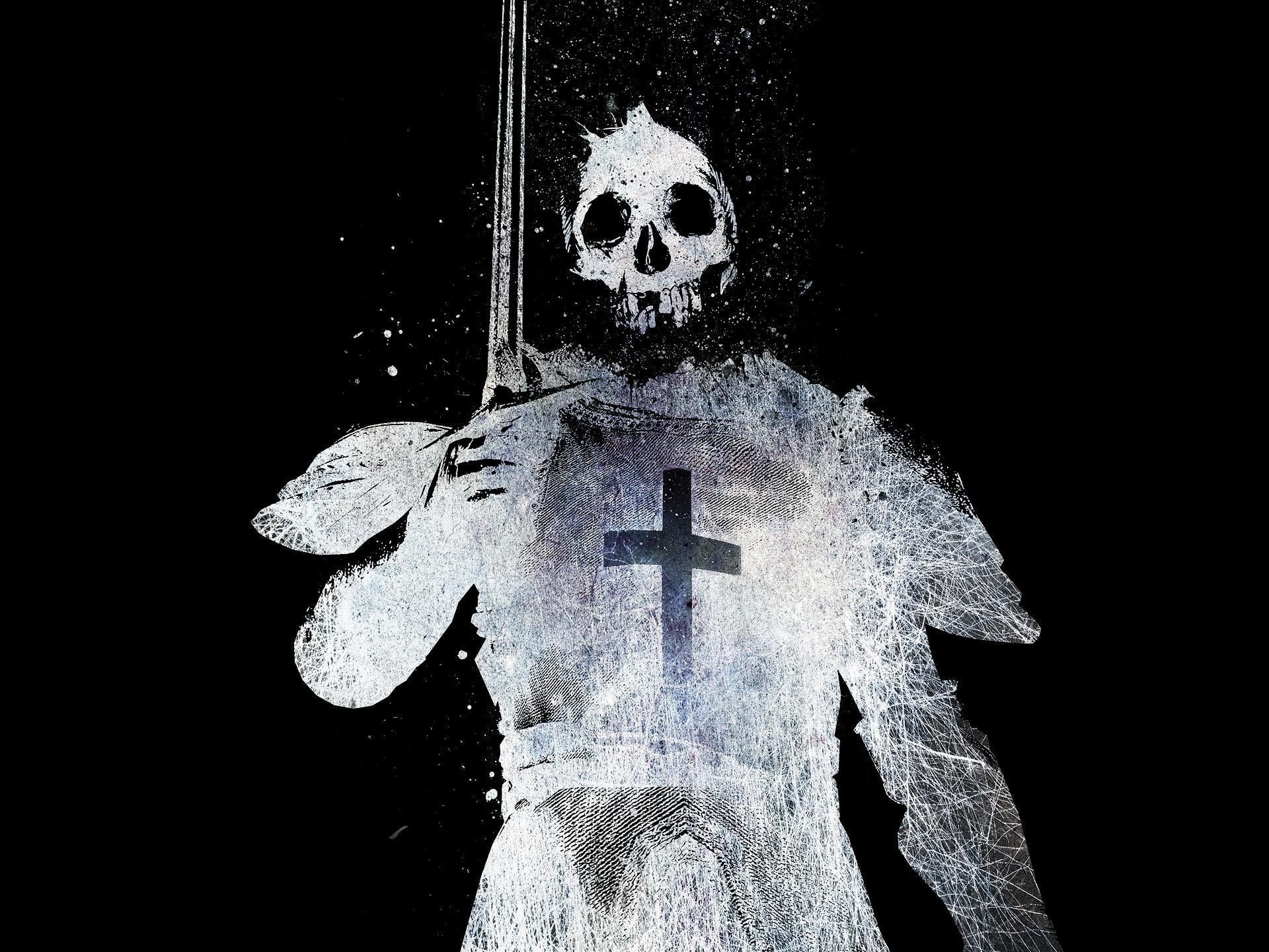 halloween, death, skeleton, calvary, religion, indoors, the bare bones, fear, human representation, spooky, close-up, black background, knight, art, human skeleton, HD Wallpaper