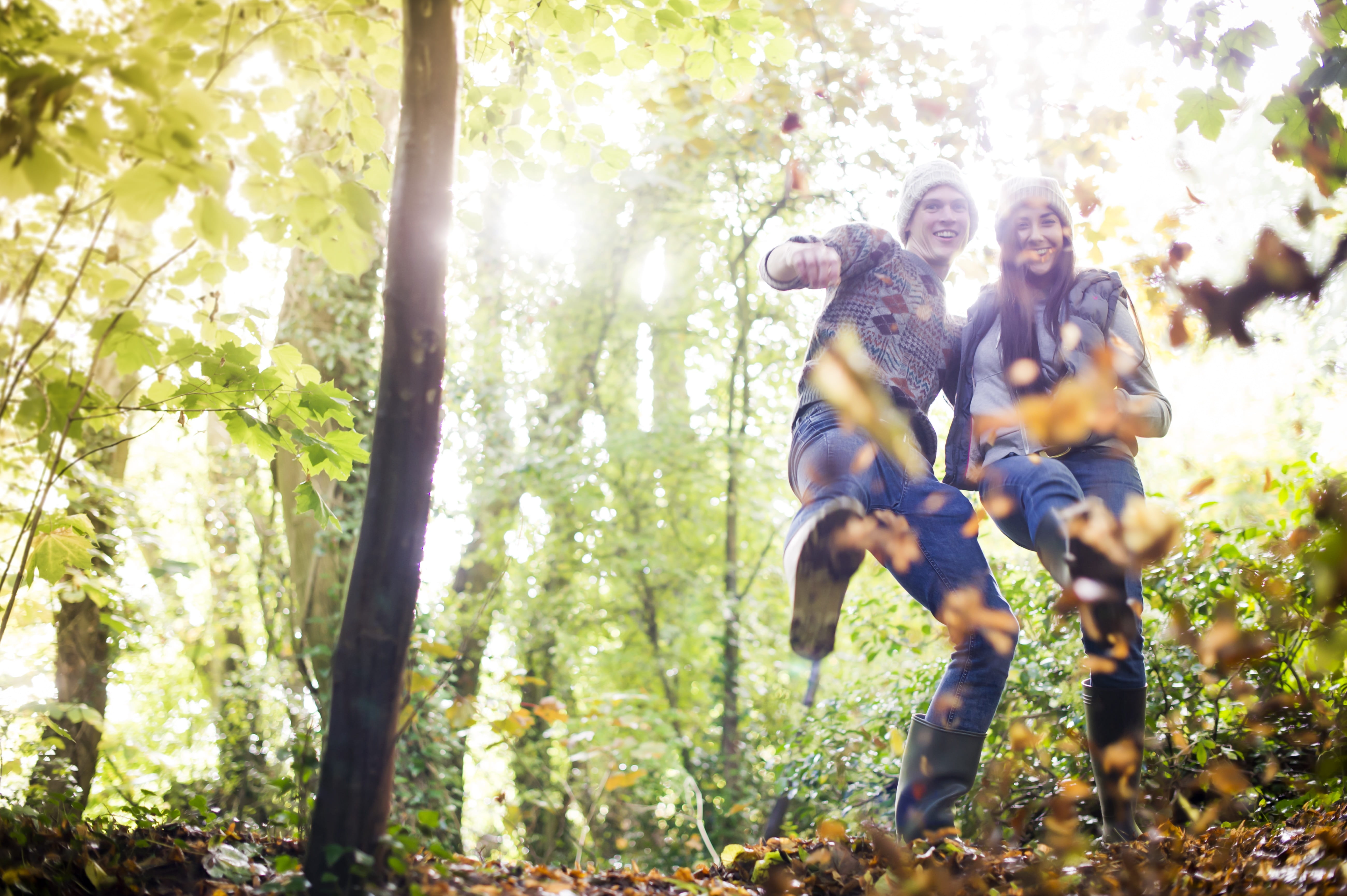 plant, fun, two man, young adult, positive emotion, woman, physical Activity, sunny, bright, yellow, september, full length, forest, lifestyles, weather, HD Wallpaper