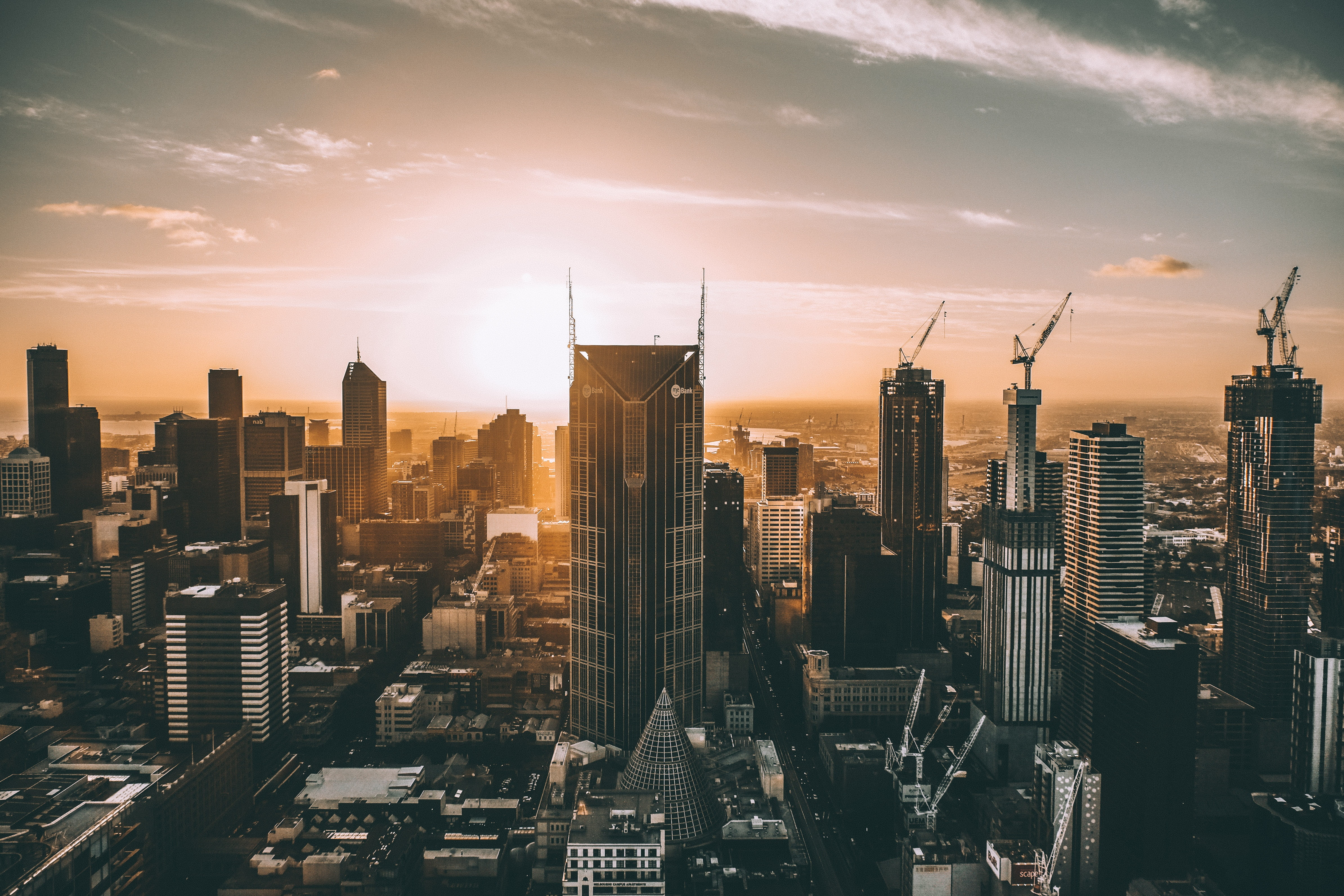 cityscape, Australia, cranes (machine), Melbourne, 4K, sunset, HD Wallpaper