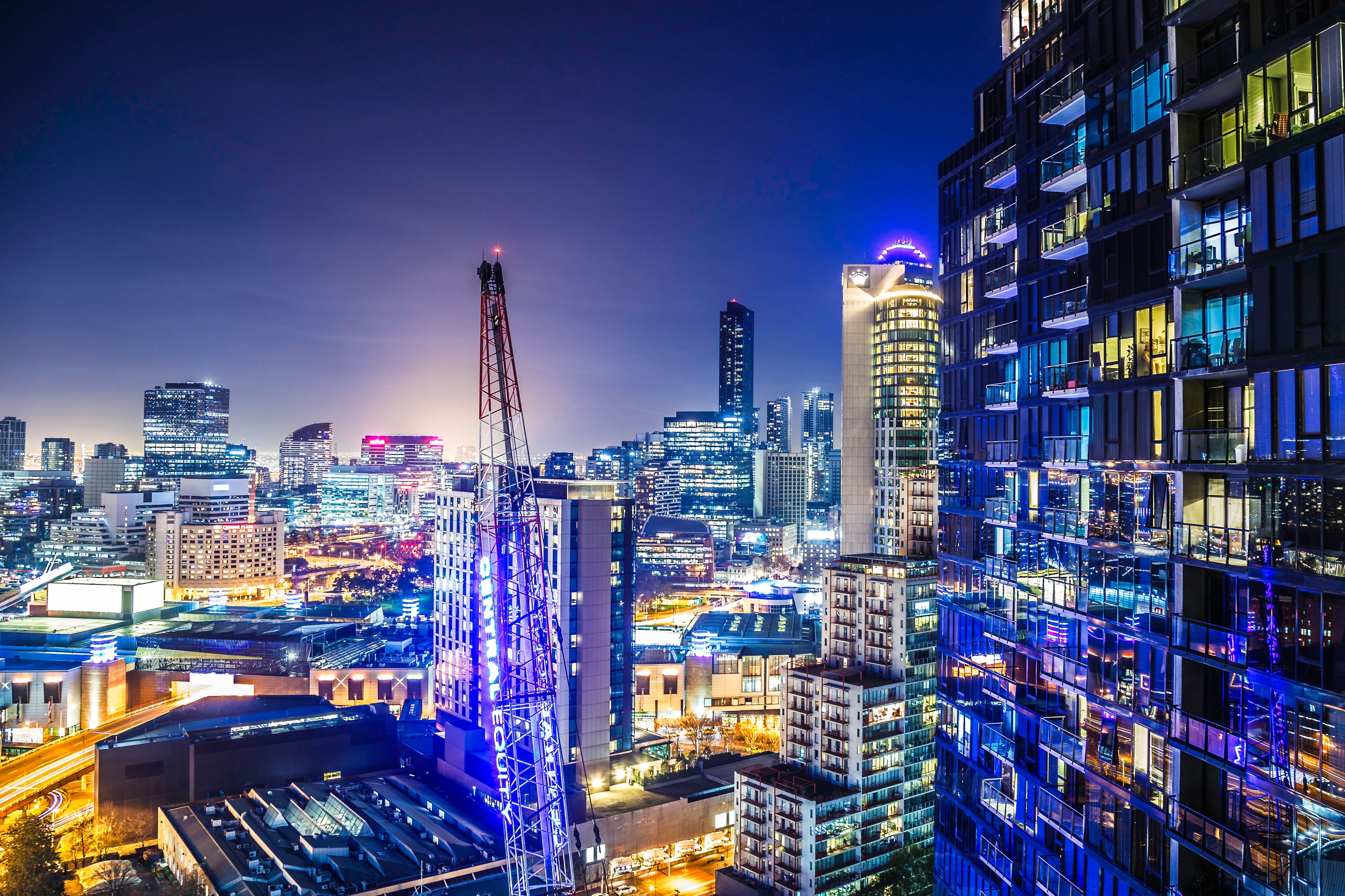 4K, business, apartment, sky, night, urban Scene, modern, skyscraper, architecture, building, built Structure, melbourne, financial District, city, landscape, HD Wallpaper