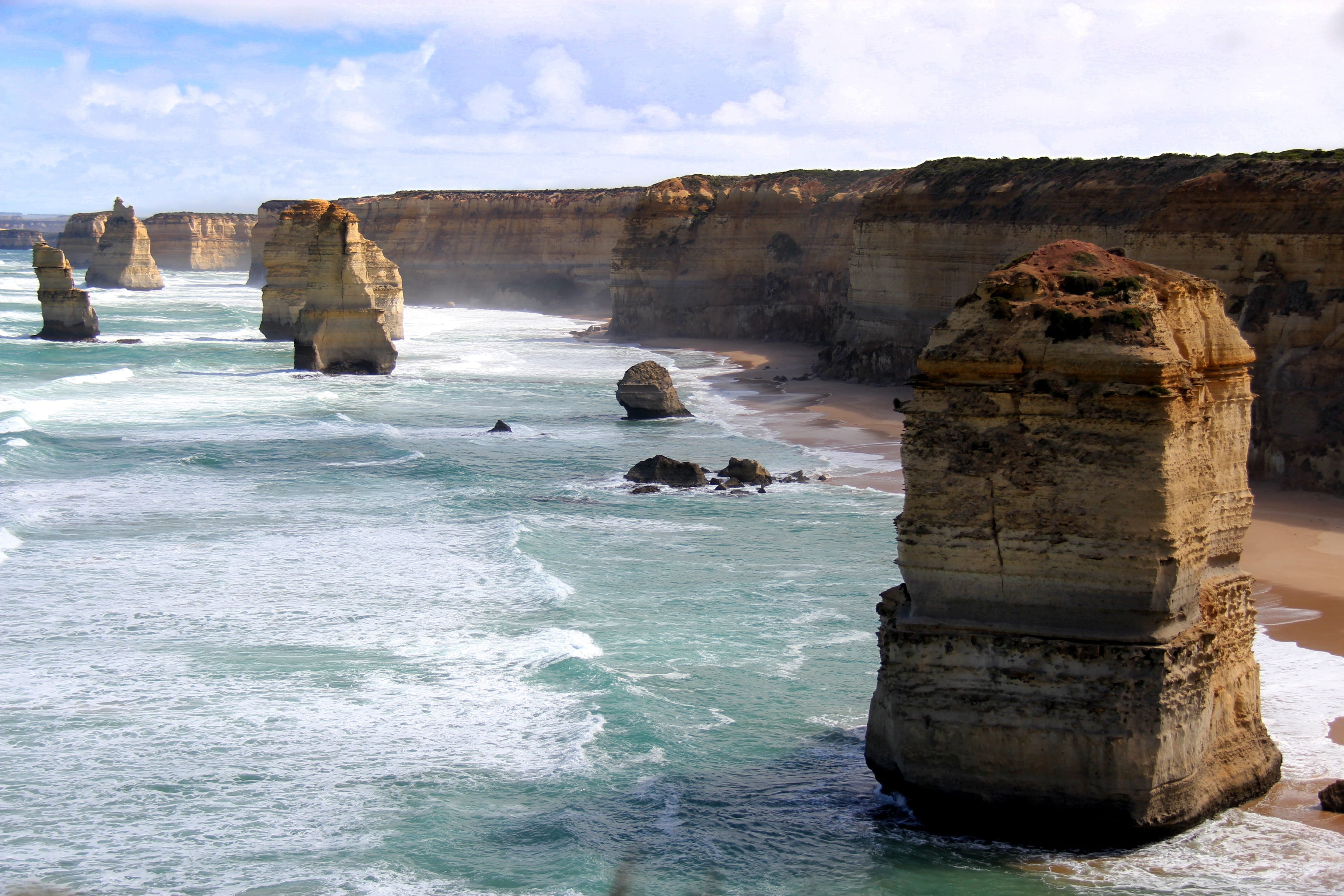 rock formation, water, tourism, scenic, beach, road, landmark, non-urban scene, famous, sand, australia, solid, twelve, rock, ocean, 12, aquatic sport, HD Wallpaper