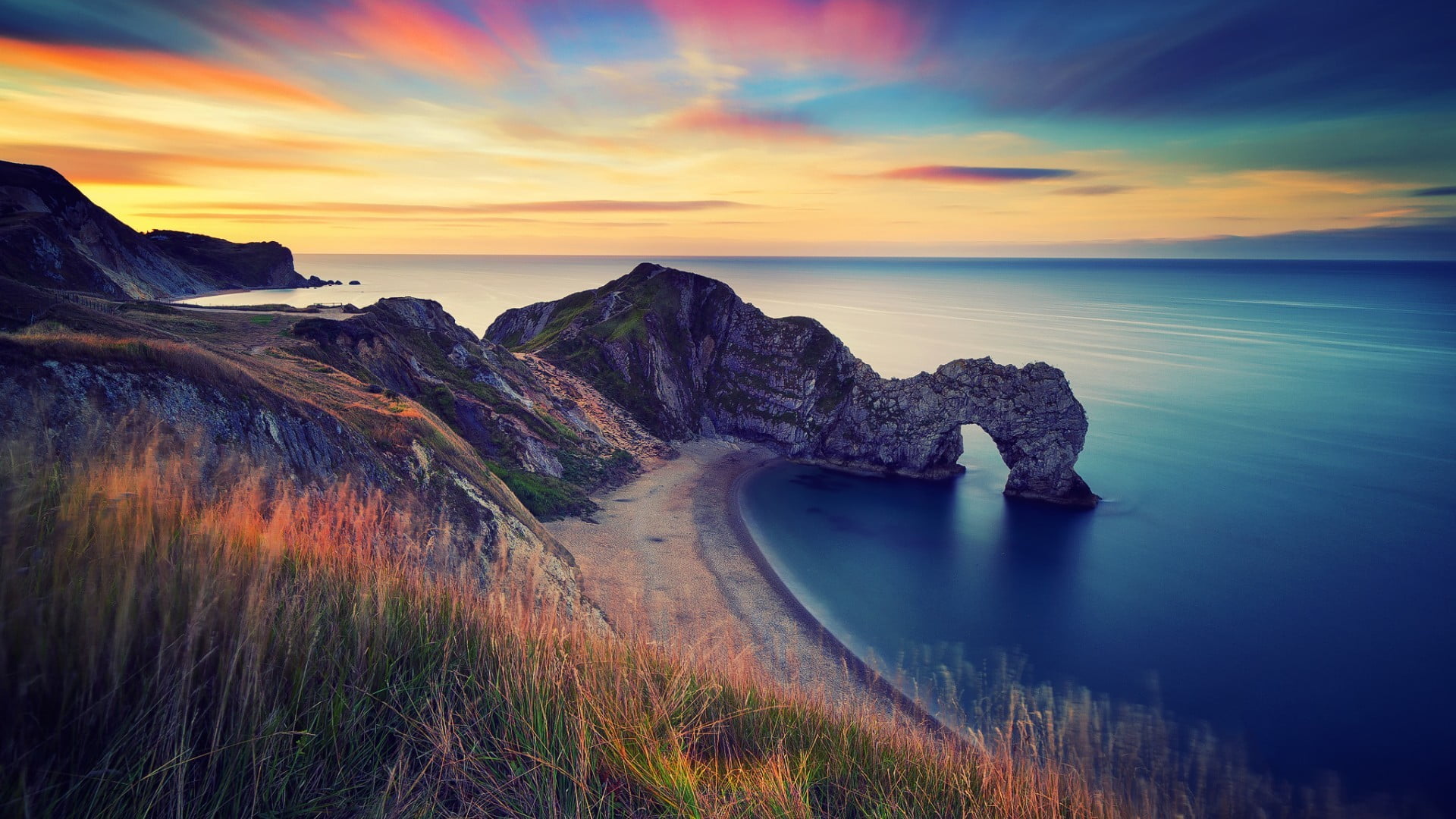 cloud - sky, beauty in nature, horizon over water, water, sunset, scenics - nature, Durdle Door, rock, 1080P, sky, tranquility, rock - object, coast, nature, HD Wallpaper