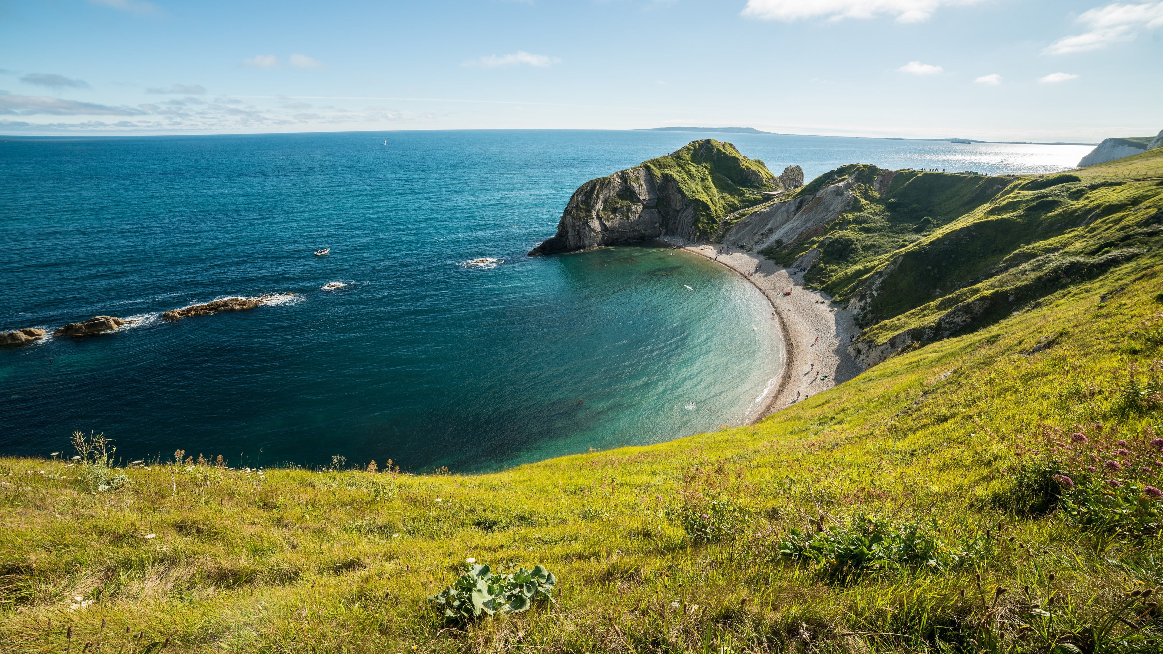 land, tranquility, coastline, nature, scenics - nature, cliff, 4K, horizon, Durdle Door (england), water, body, sea, outdoors, horizon over water, tranquil scene, HD Wallpaper