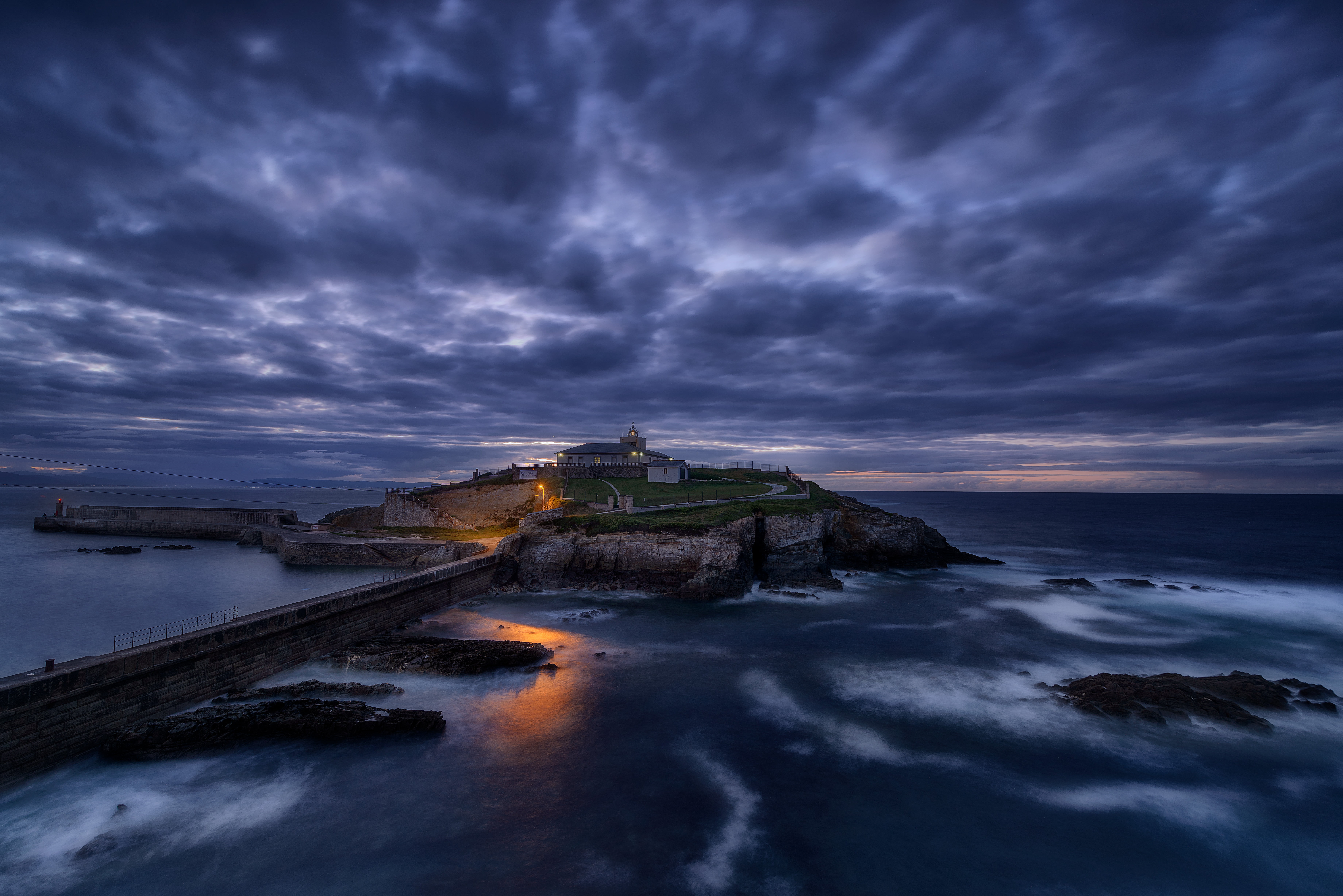 dusk, rocks, green, famous Place, white island, large, sea, mar, 5K, asturias, el faro, beautiful, ocean, island, amazing, faros, body, en, night  lights, HD Wallpaper