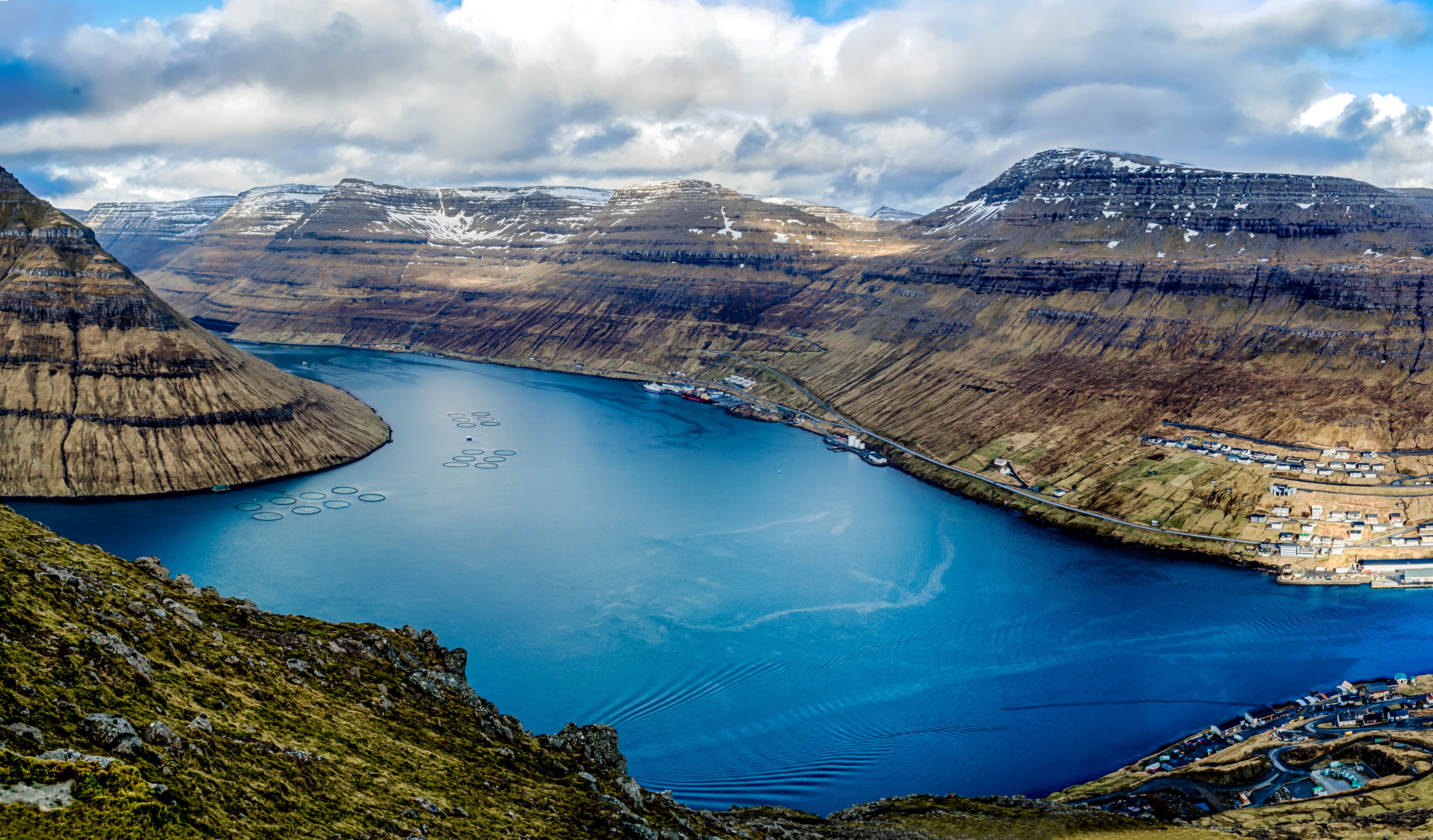 Klaksvik, clouds, mountains, panorama, harbour, Denmark, the view from the top, 4K, Bay, ships, Faroe Islands, HD Wallpaper