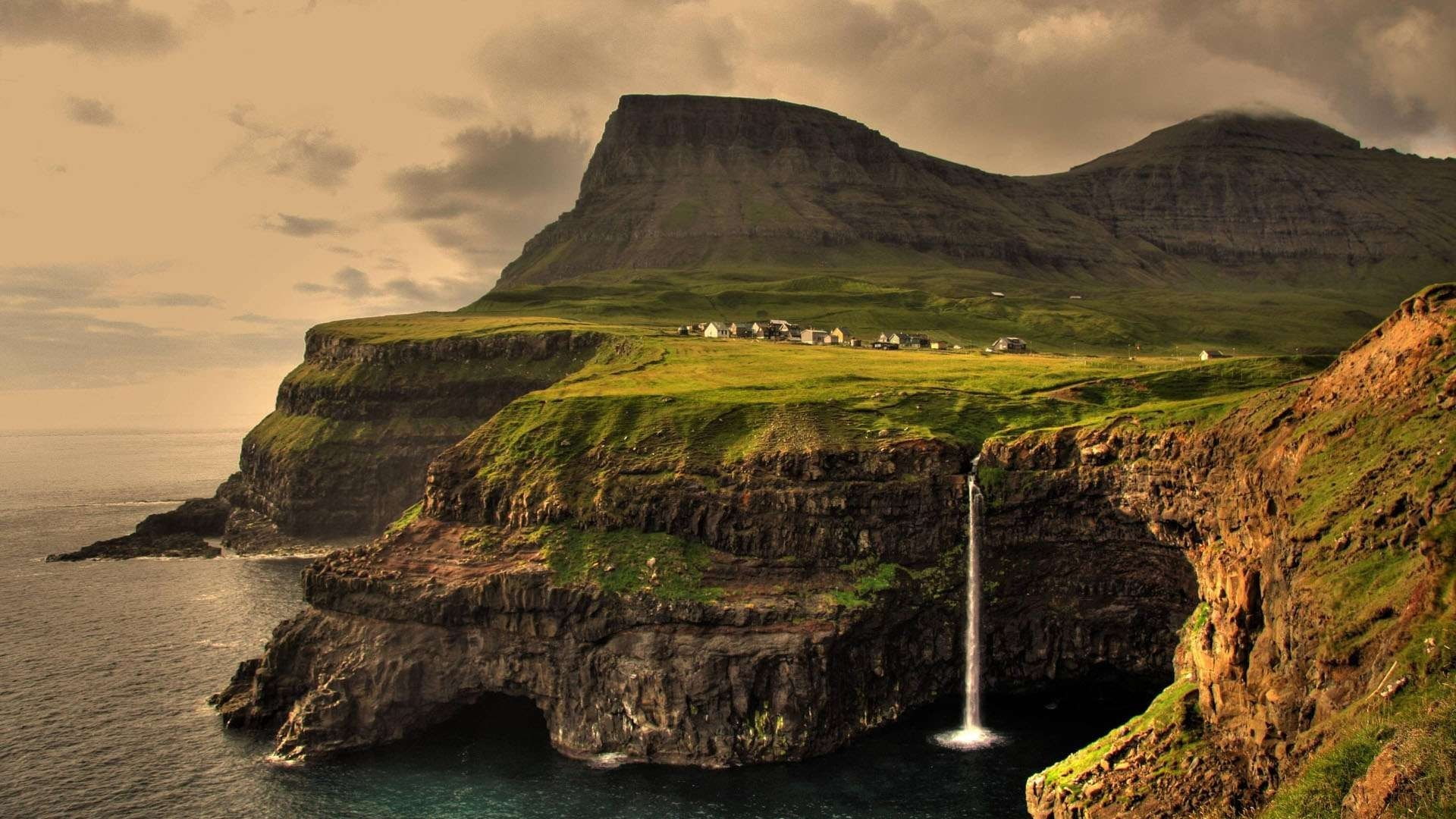Gasadalur, landscape, nature, sea, sea village, waterfall, Faroe Islands, cliff, 1080P, HD Wallpaper