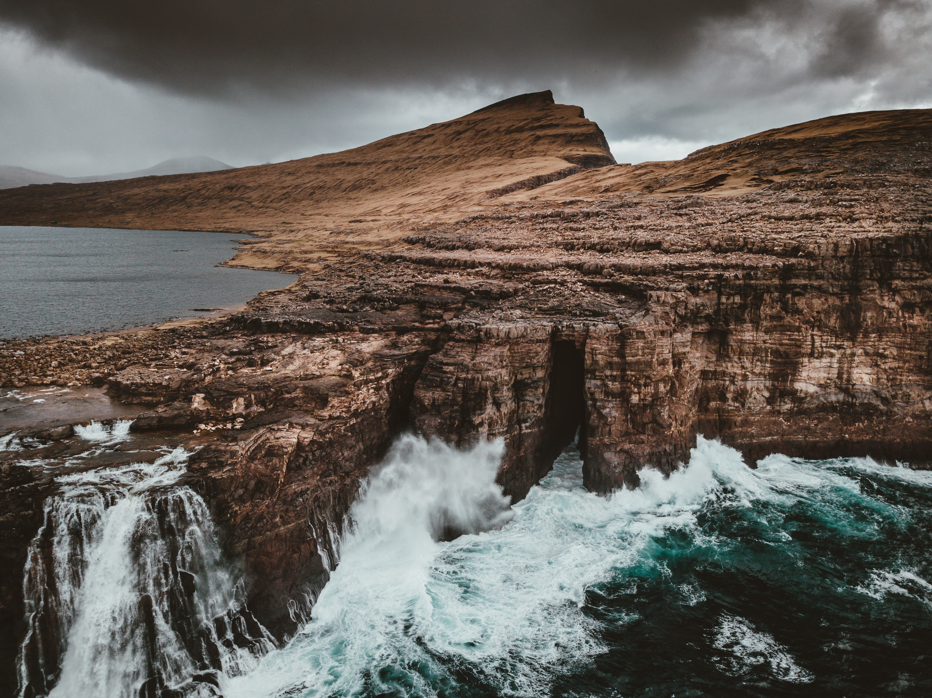 sea, body, cloud - sky, rock formation, mountain, cloud, power in nature, water, overcast, environment, cliff, 4K, photo, motion, solid, faroes, wilderness, HD Wallpaper