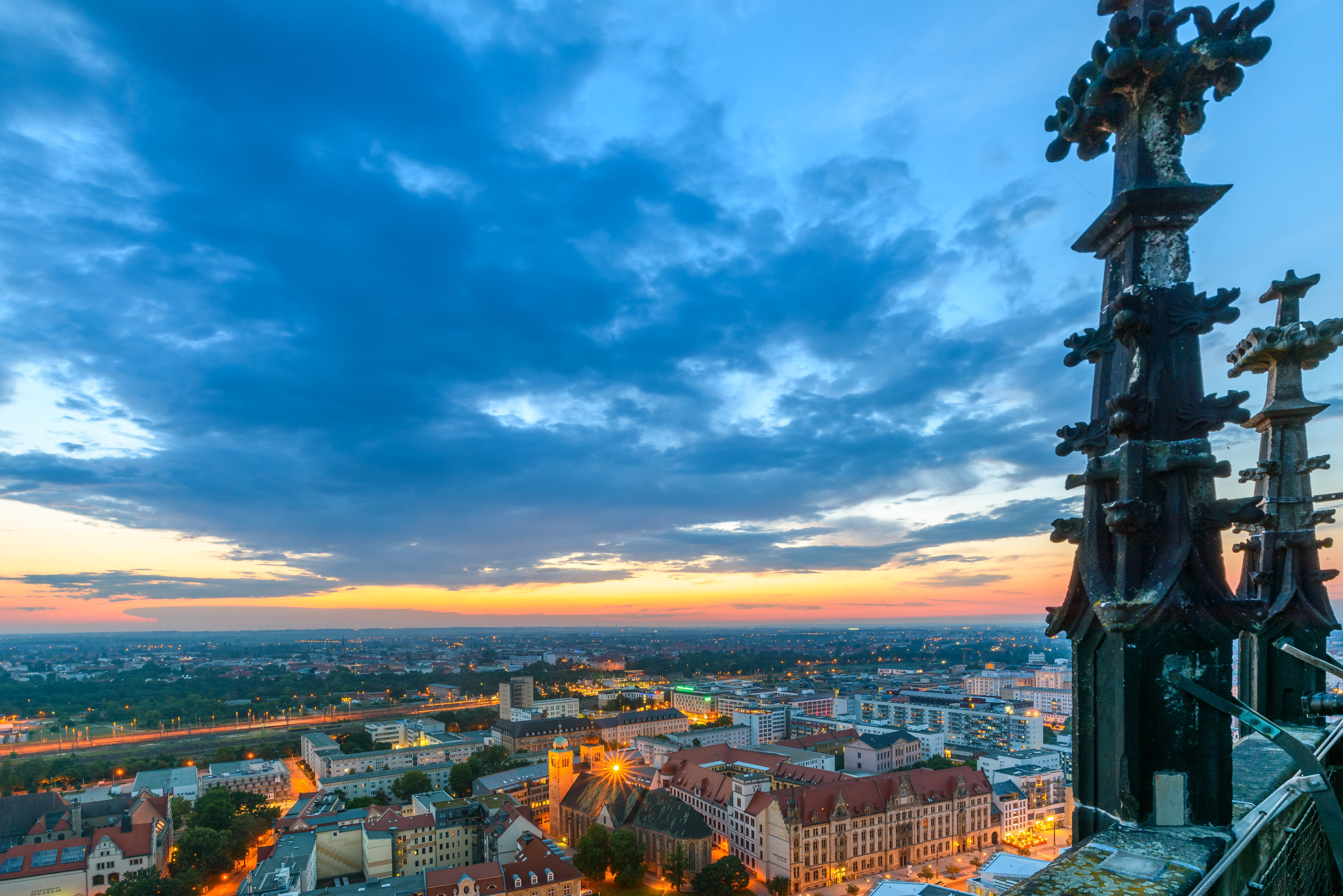 saxony-anhalt, religion, gothic, nature, illuminated, cityscape, city, sky, sunset, building, place of worship, high angle view, dom, view, travel destinations, HD Wallpaper