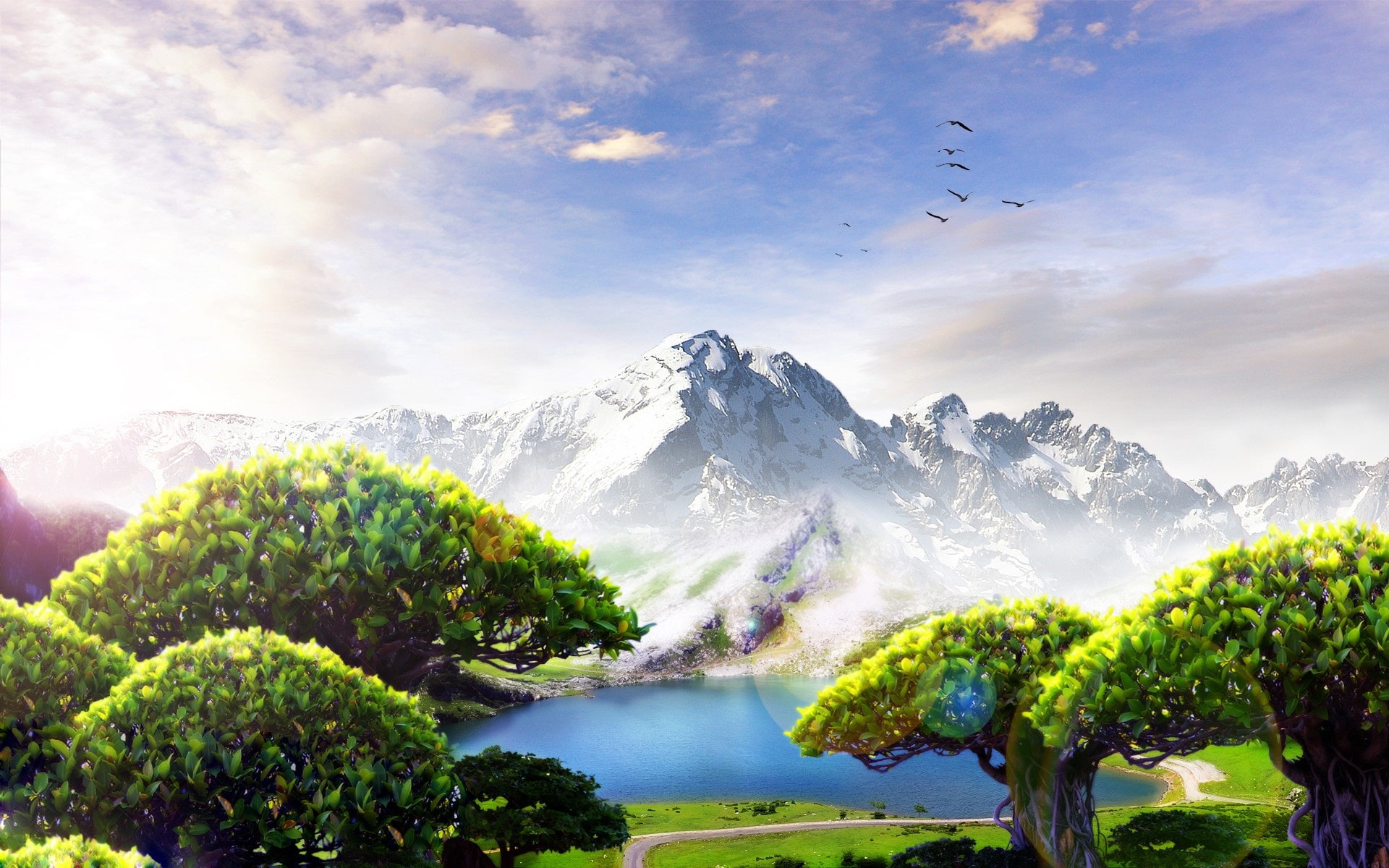 World, Beautiful, 1080P, Birds, Trees, Lake, Clouds, Mountains, Dream, HD Wallpaper