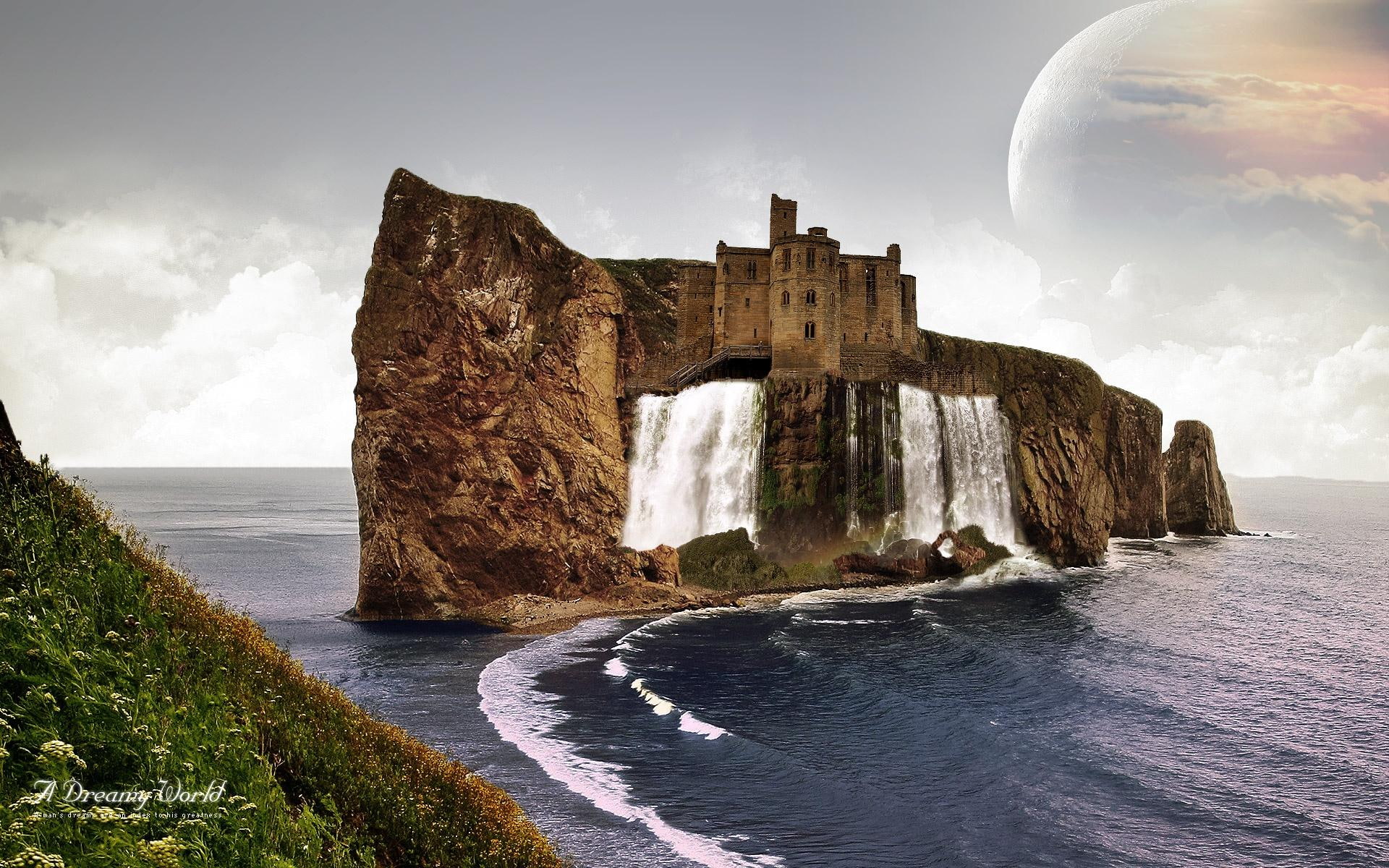 world, ocean, dreaming, 3d and abstract, 1080P, clouds, rocks, planet, castle, waterfall, HD Wallpaper