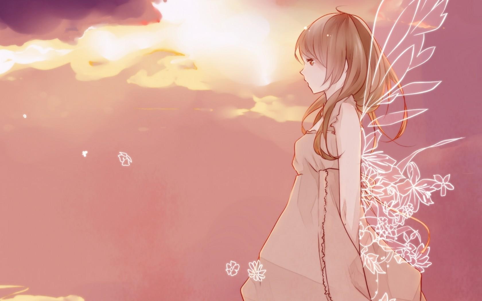clouds, wings, animated, character, brown-e, 720P, beauty, anime-girl, anime, female, dream, long-hair, dress, sunset, world, beautiful, HD Wallpaper