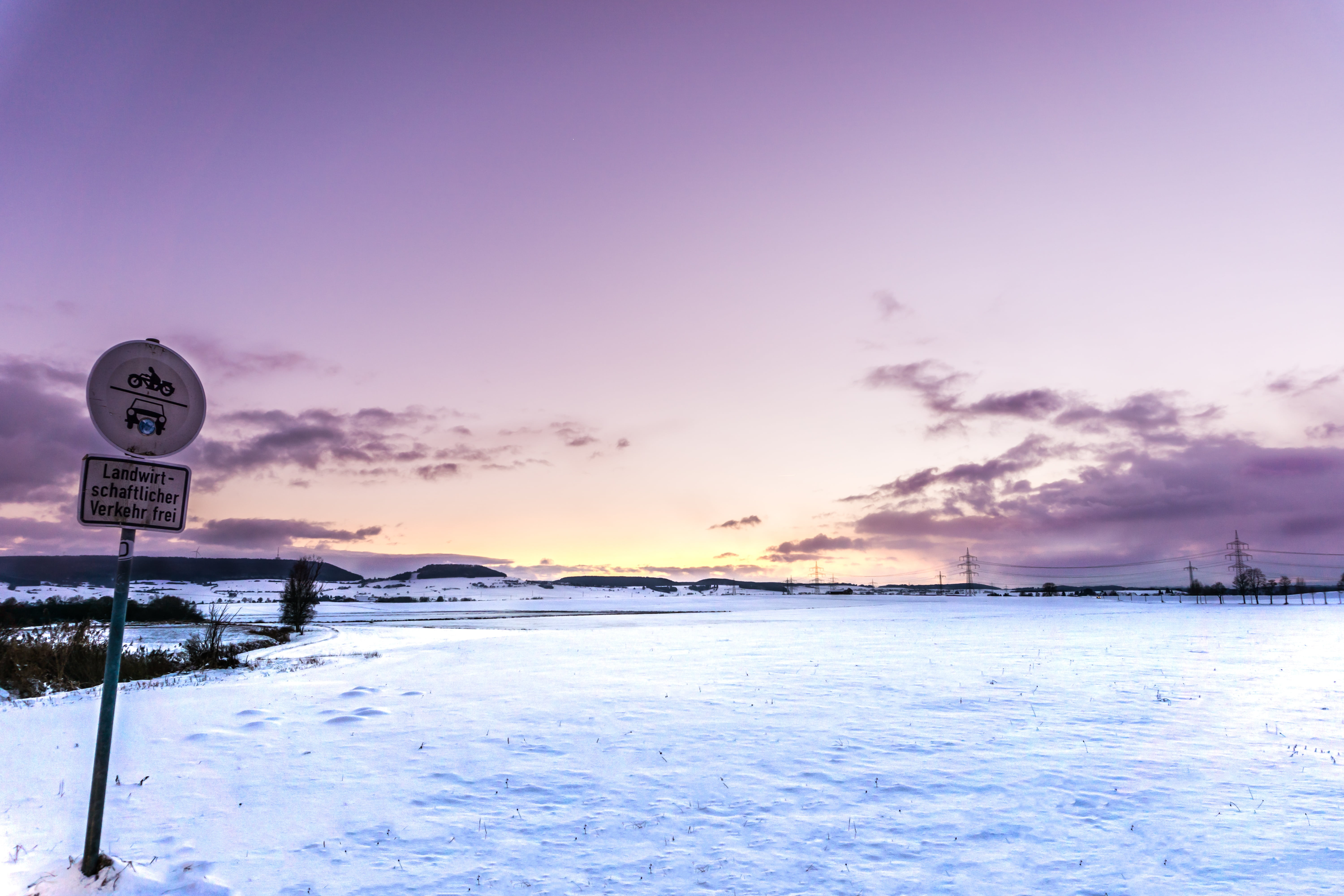 mood, clouds, purple, nature, snow shoes, landscape, traces, romance, scratches, warning sign, color, forest, sun, cold, romantic, cold temperature, 5K, HD Wallpaper