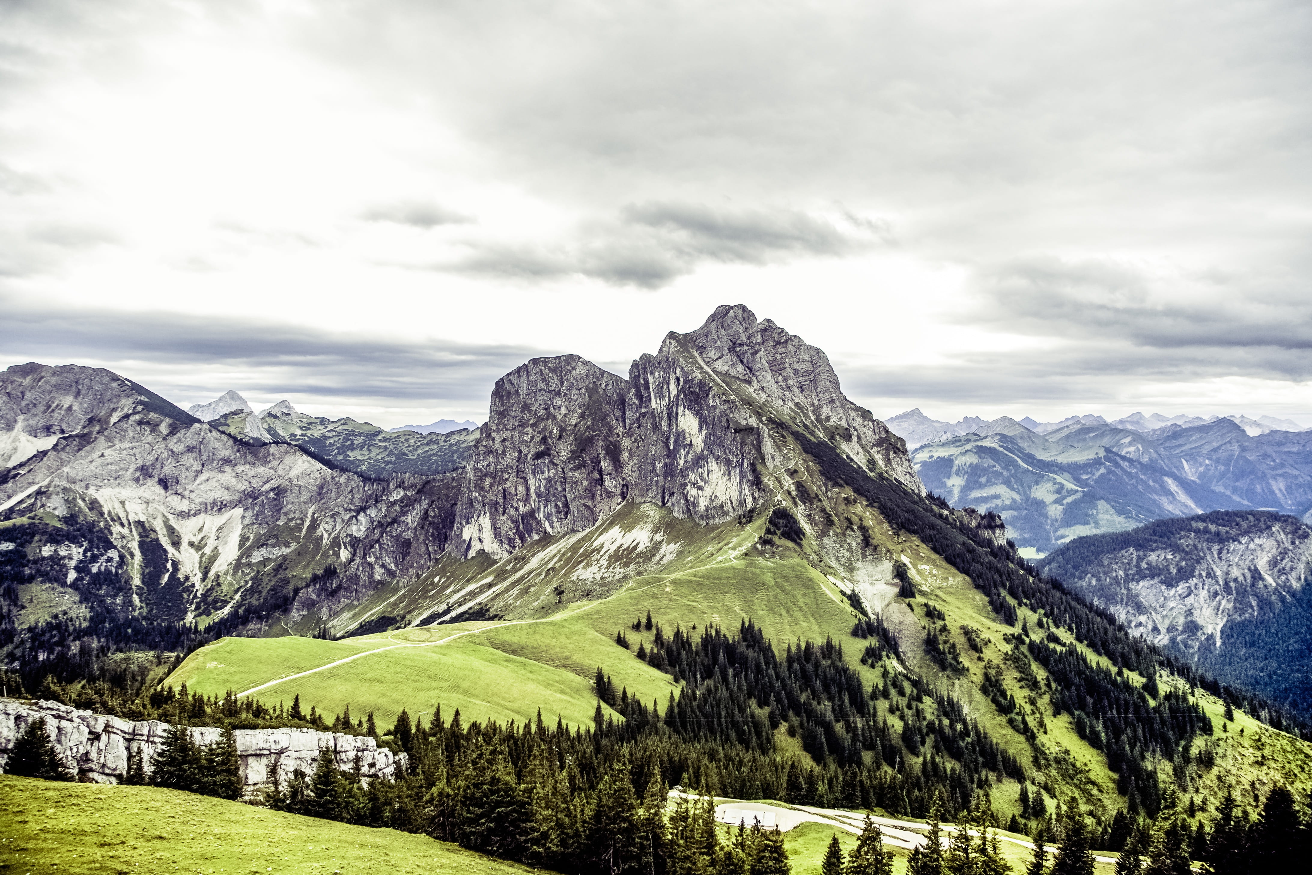 foresight, alpine, sky, 4K, tranquil scene, landscape, hike, horizon, allgäu, coniferous tree, forest, mountain peak, outdoors, mountains, view, directory, HD Wallpaper