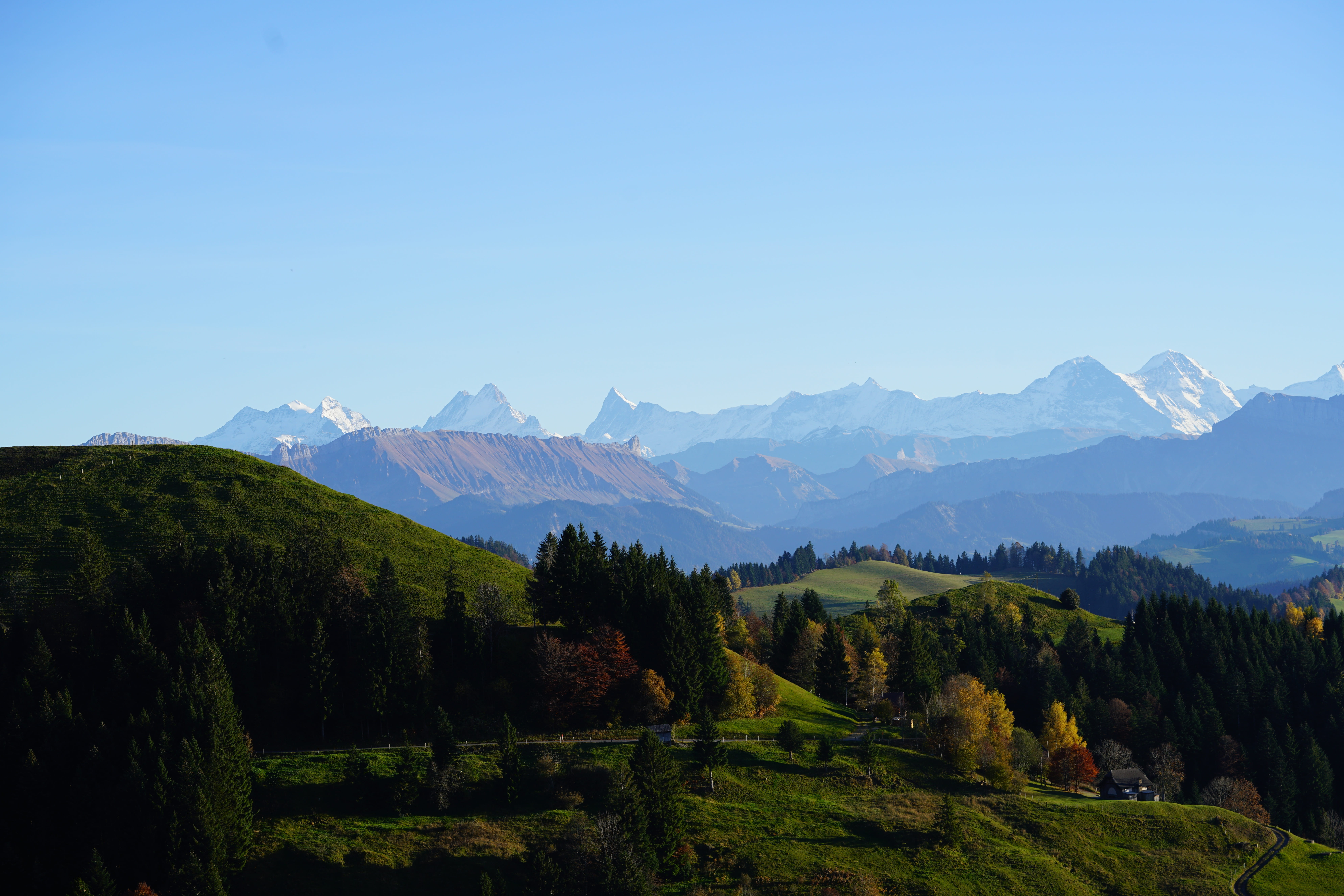 finsteraarhorn, environment, clear sky, mountain peak, eiger, monk, green color, view, landscape, non-urban scene, alpine, outlook, rosenhorn, mountain landscape, HD Wallpaper