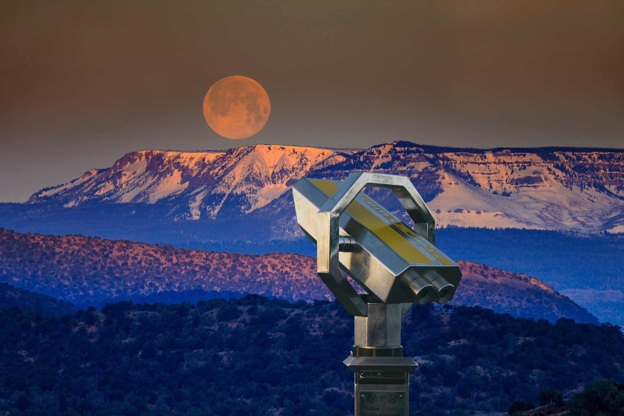 tranquil scene, sky, tranquility, mountain range, outlook, telescope, scenics - nature, astronomy, wide, viewpoint, non-urban scene, cold temperature, moon, HD Wallpaper