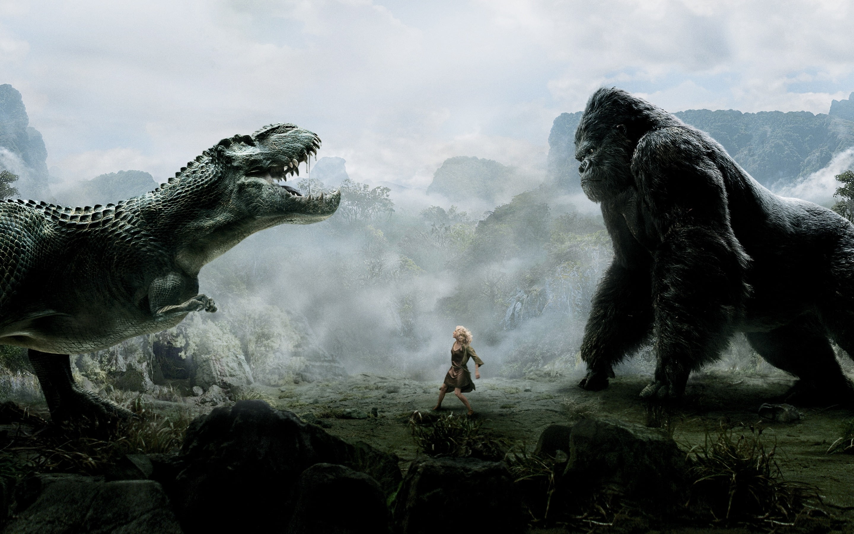 rock - object, travel, poster, real people, cloud - sky, land, mammal, outdoors, 2K, King Kong 2005, gorilla, tourism, monkey, people, travel destinations, HD Wallpaper