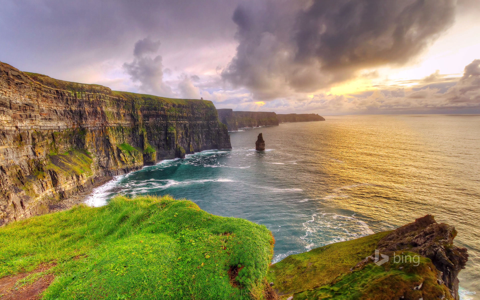 rocks, 1080P, sea, mountain, sunset, Ireland, Mohair, peak, County Clare, HD Wallpaper