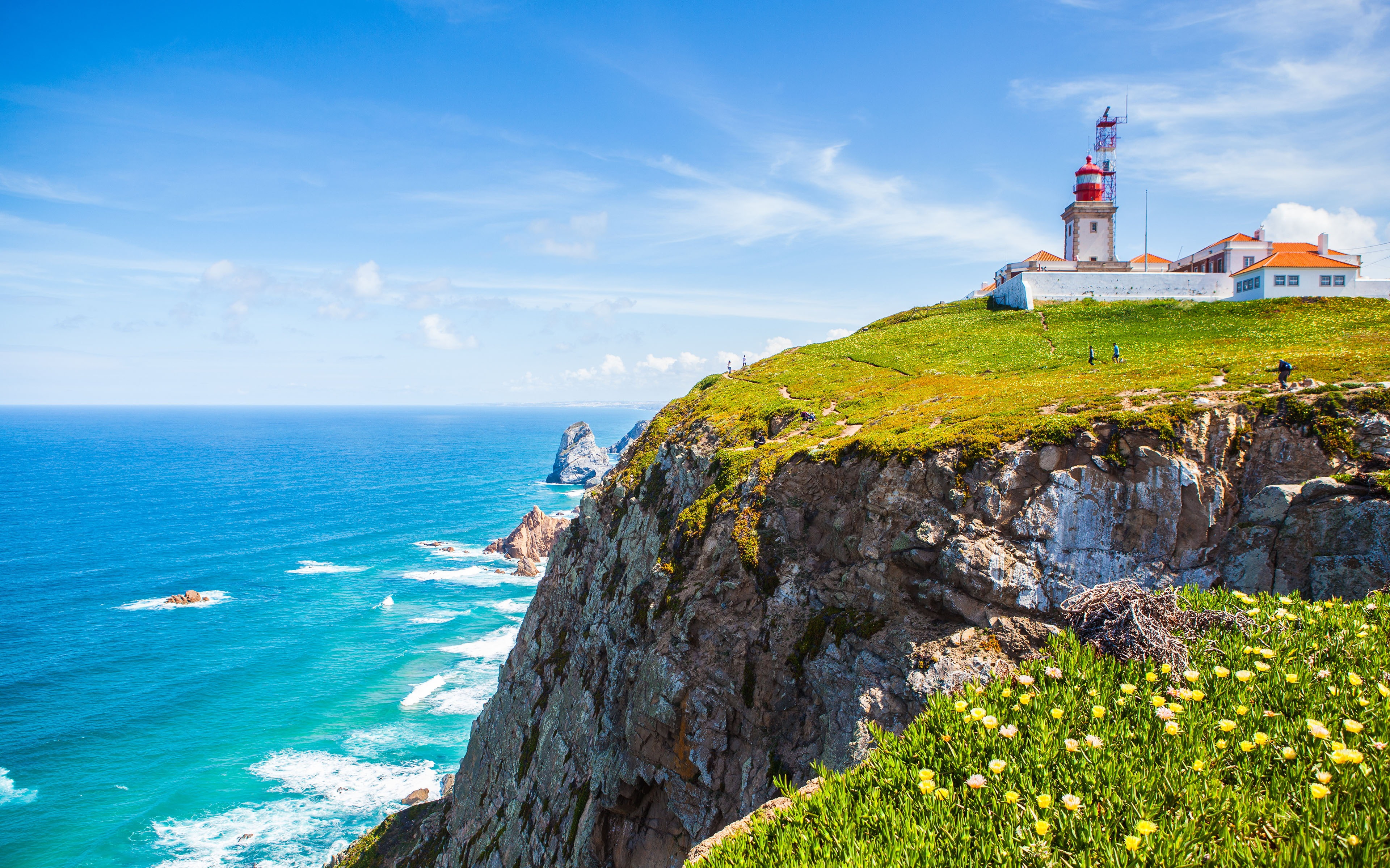 building exterior, cabo, land, water, tower, nature, cliff, no people, lighthouse, cloud - sky, portugal, horizon over water, 4K, scenics - nature, outdoors, HD Wallpaper