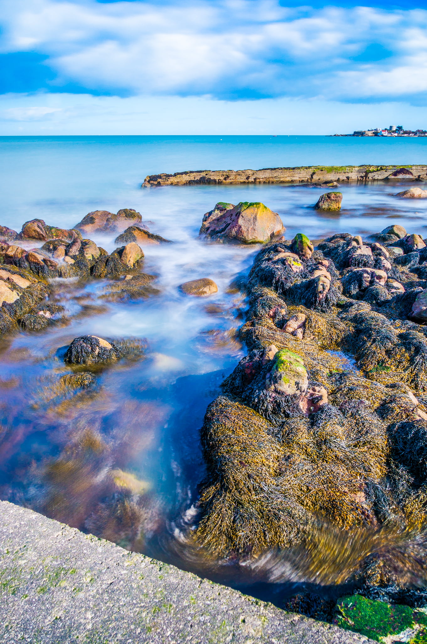 cloudy, photo, nex6, sky, sony, Dun Laoghaire, background, 1080P, europe, exposure, long, blue, ocean water, photography, colors, rocks, travel, clouds, Phone HD Wallpaper