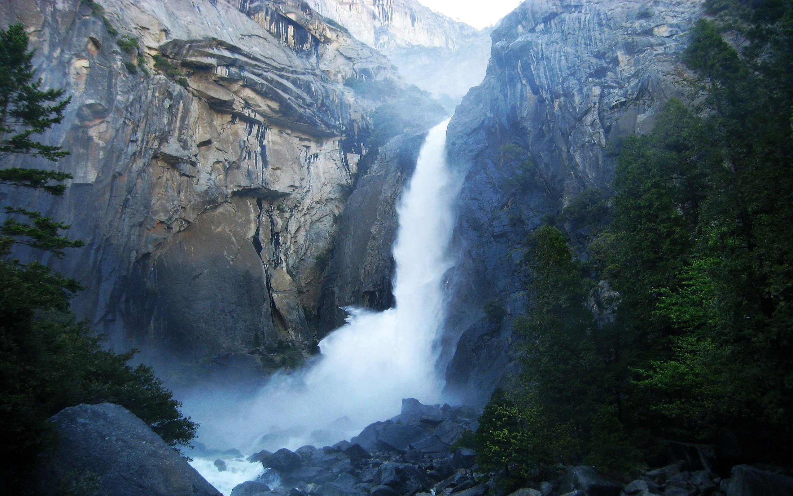 power in nature, rock, water, Yosemite National Park, tree, flowing, mountains, formation, scenics - nature, motion, mountain, leafed, outdoors, non-urban scene, HD Wallpaper