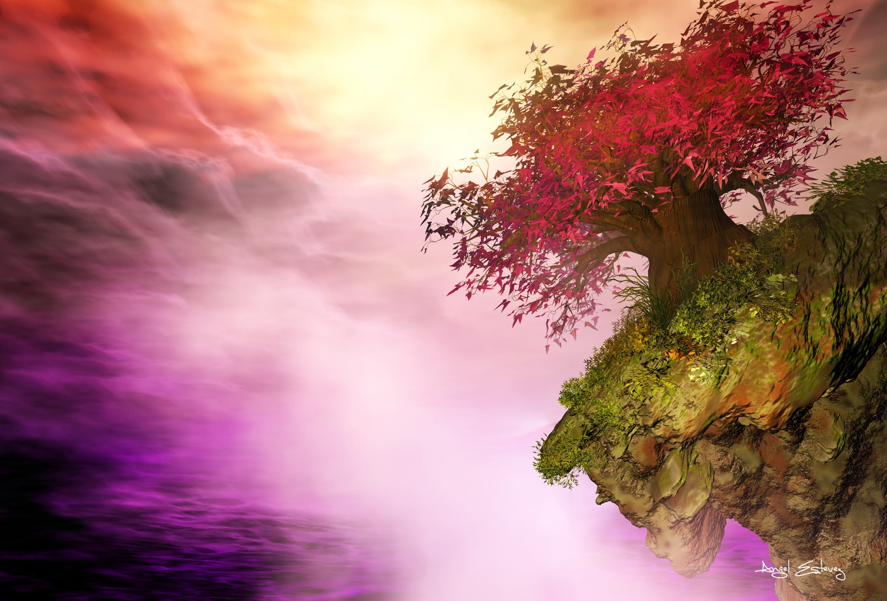 angel estevez, nature, beauty in nature, scenics - nature, autumn, purple, fall, day, no people, red, Autumn sunset, flower, tree, toamna, pink, mist, tranquility, HD Wallpaper