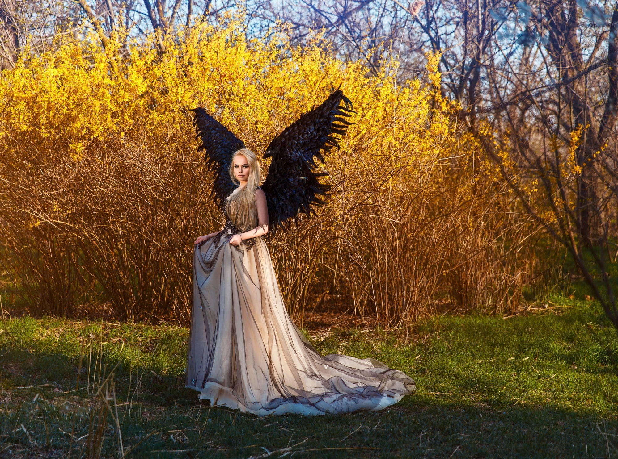 model, girl, blonde, 1080P, fall, woman, angel, wings, forest, HD Wallpaper