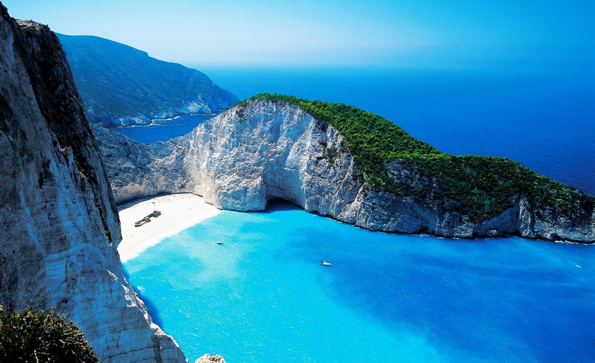 blue, 1080P, bay, rock - object, outdoors, mountain, idyllic, Europe, landscape, water, formation, environment, lagoon, solid, Navagio, Greece, scenics - nature, HD Wallpaper
