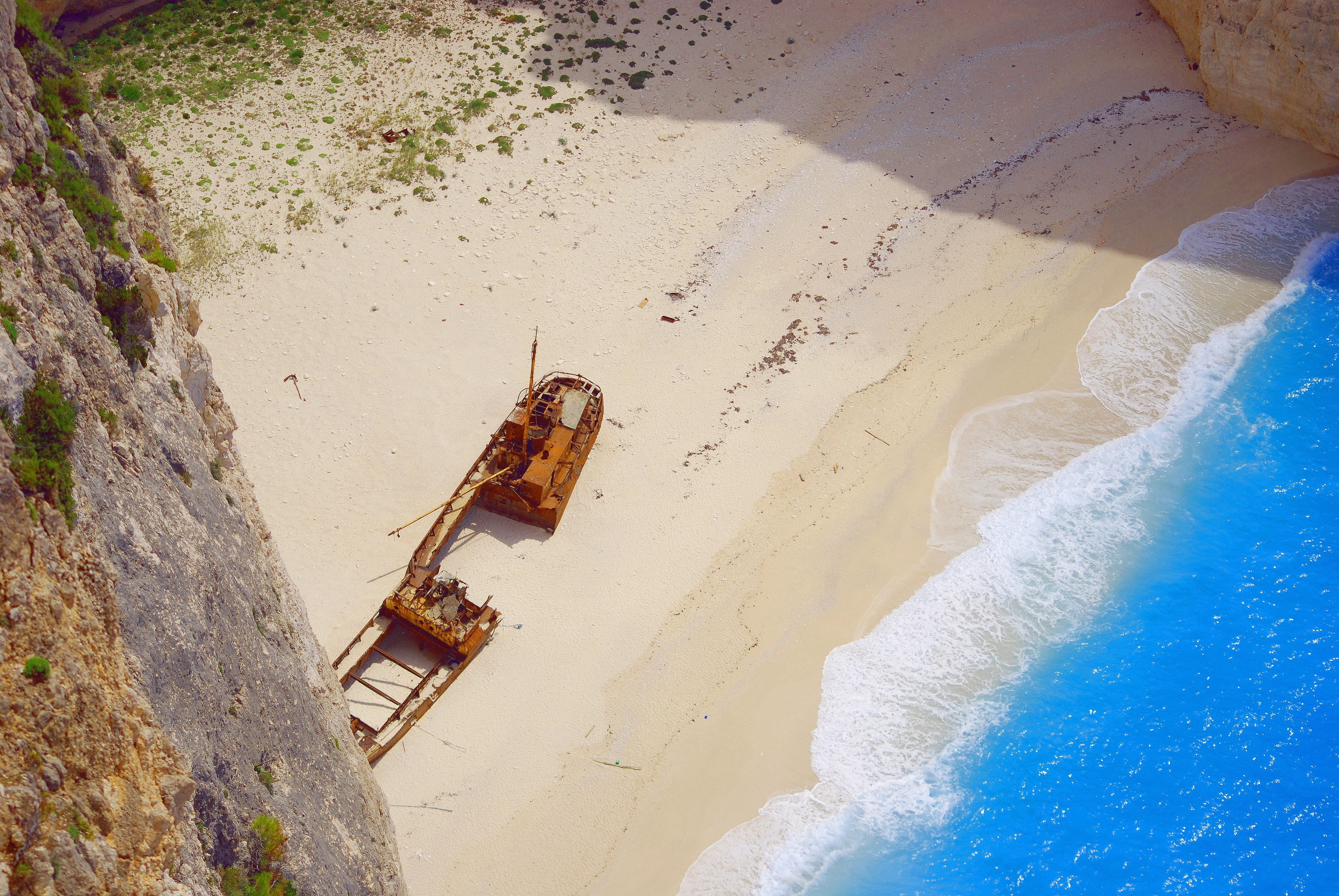 shore, high angle view, the waterfront, offshore platform, sunlight, navagio bay, zakynthos, photo, view postcard, beach, pollution, shipwreck, summer, HD Wallpaper