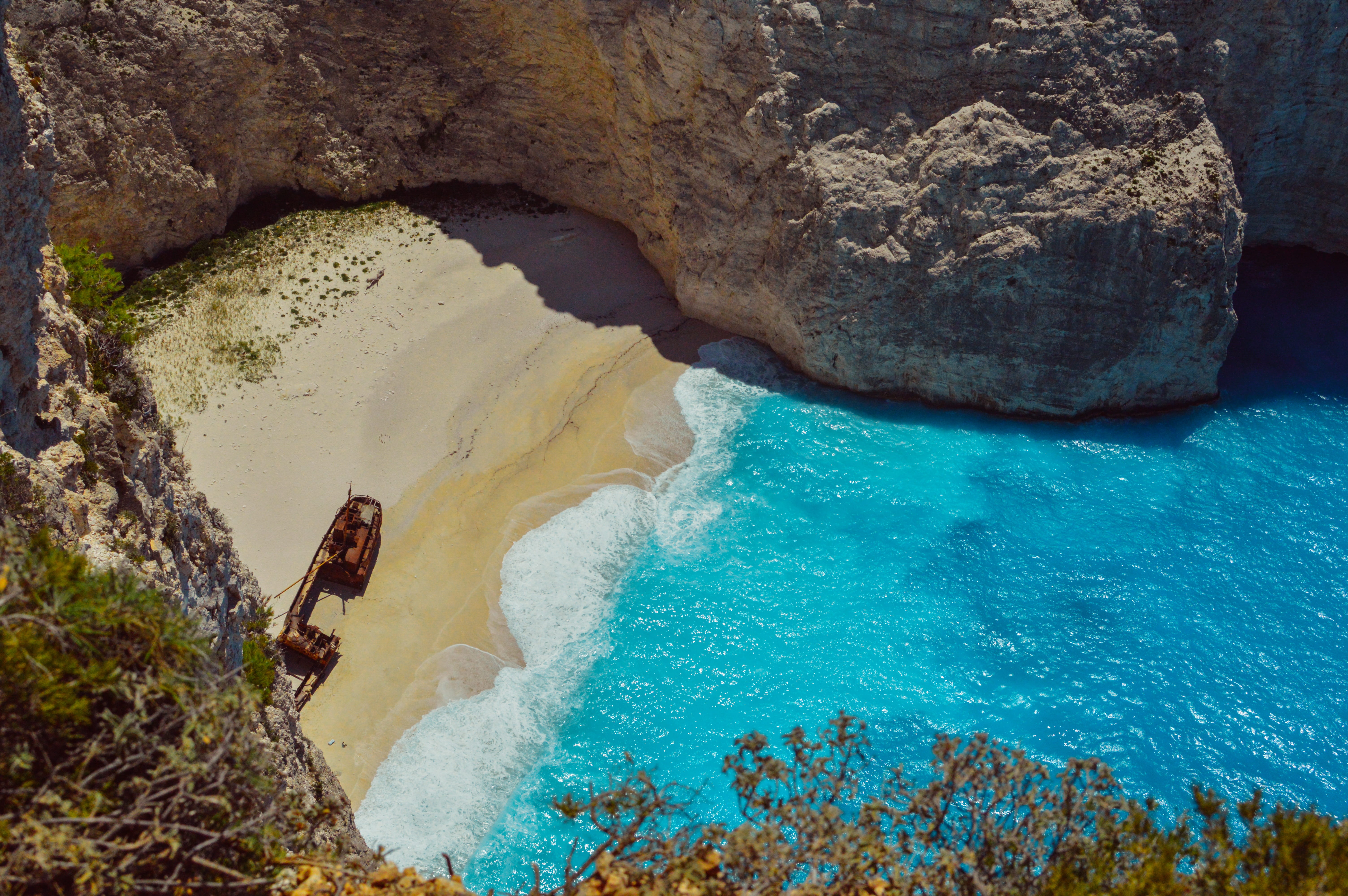 shipwreck, high angle view, daylight, shipwreck beach, idyllic, 5K, day, shore, outdoors, turquoise colored, navagio bay, high angle shot, waves, tranquil scene, HD Wallpaper