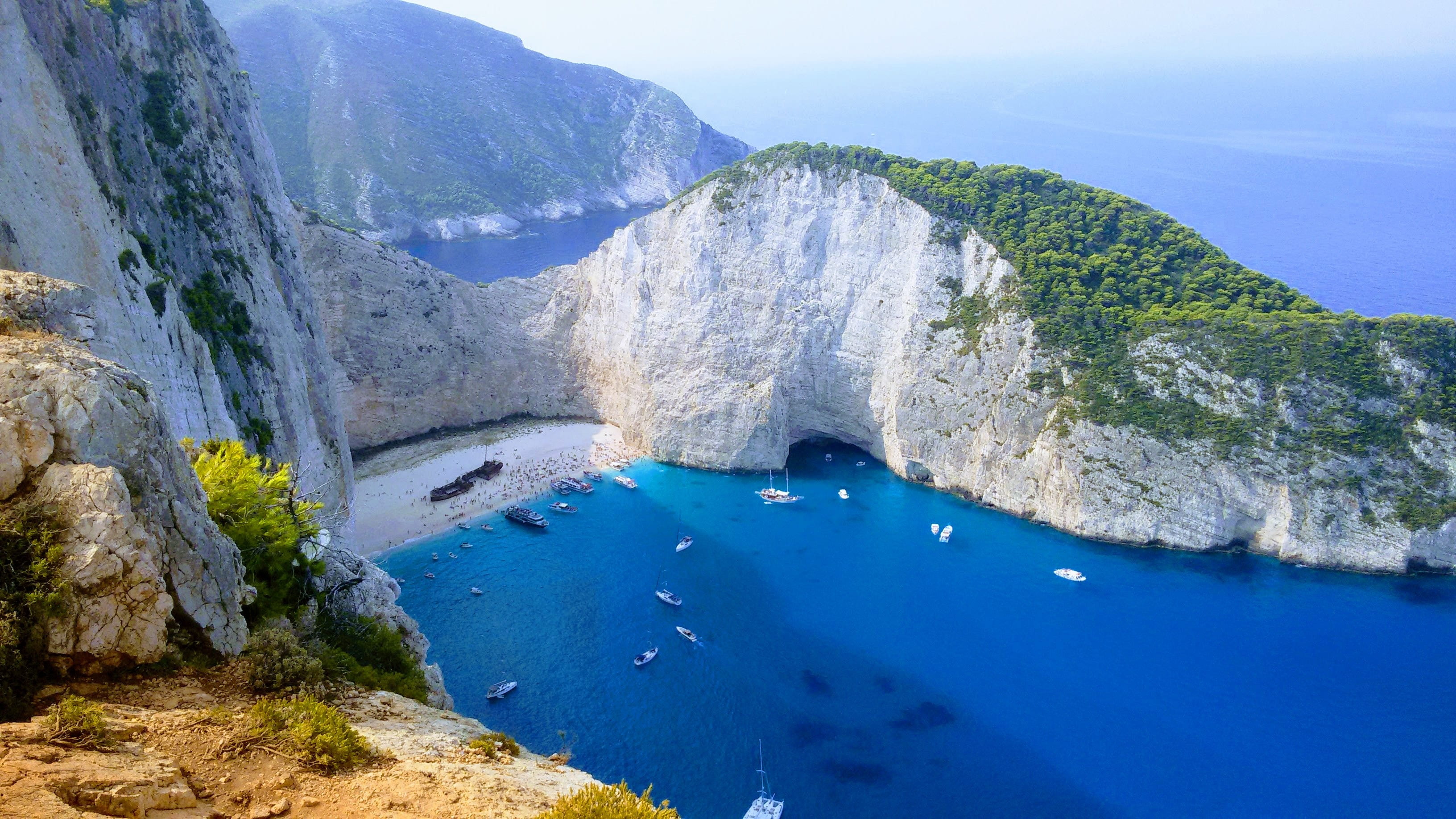 nature, shipwreck, day, bay, rock, landscape, non-urban scene, high angle view, rock - object, mountain, panorama, no people, outdoors, solid, blue, navagio, HD Wallpaper