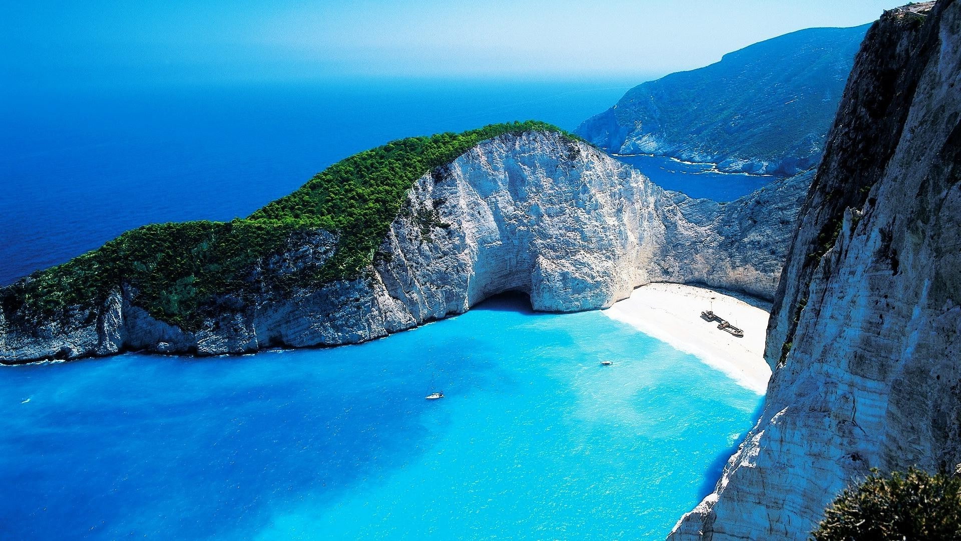 sea, boat, cliff, Greece, anime, Navagio Beach, beach, 1080P, HD Wallpaper