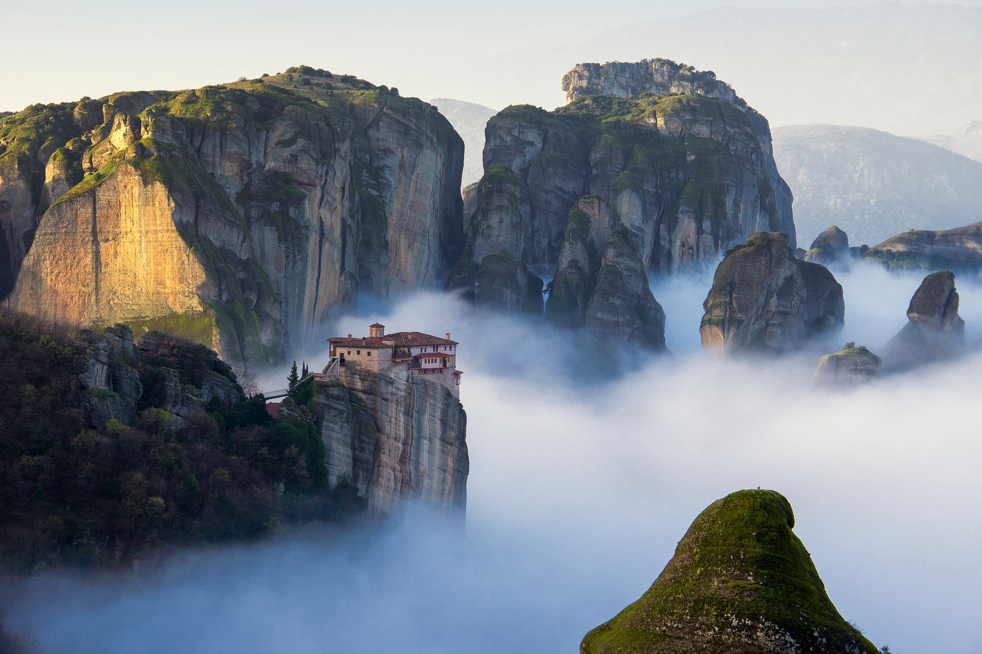 forest, mountains, trees, nature, Greece, Meteora, architecture, 1080P, HD Wallpaper